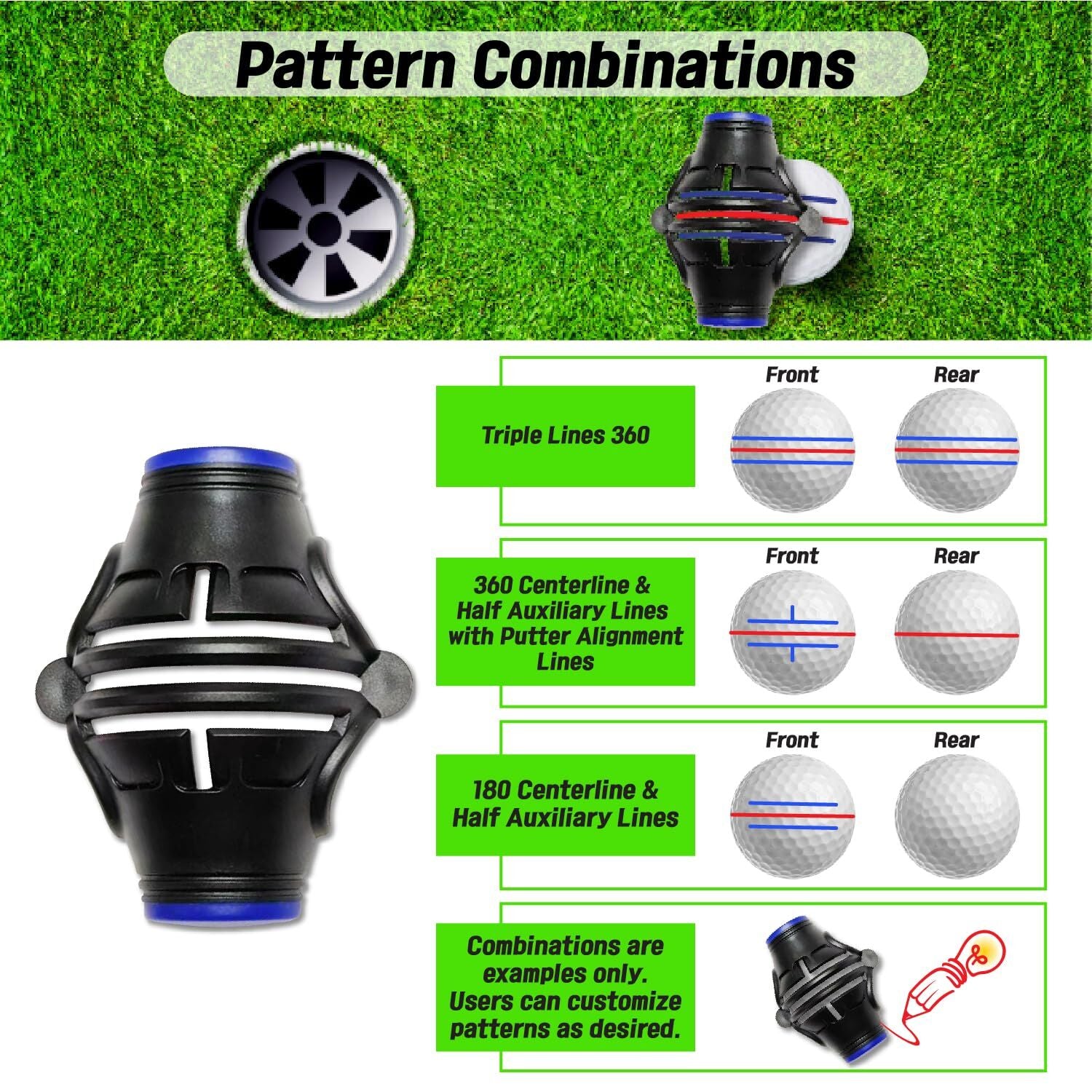 360° Golf Ball Line Marker with 2 Pens – Full Coverage Alignment Tool for Putt, Driver & Irons (Blue)