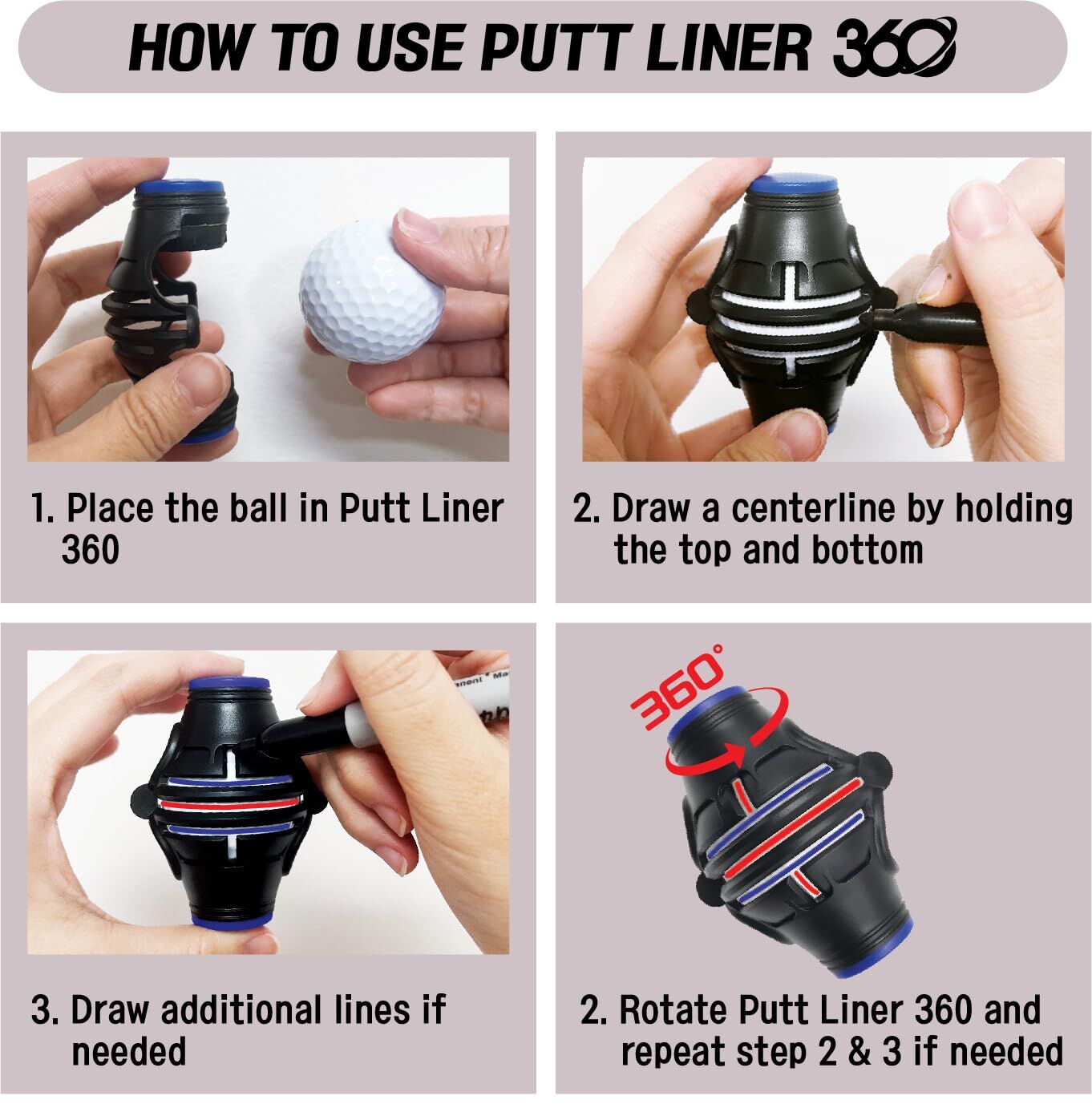 360° Golf Ball Line Marker with 2 Pens – Full Coverage Alignment Tool for Putt, Driver & Irons (Blue)