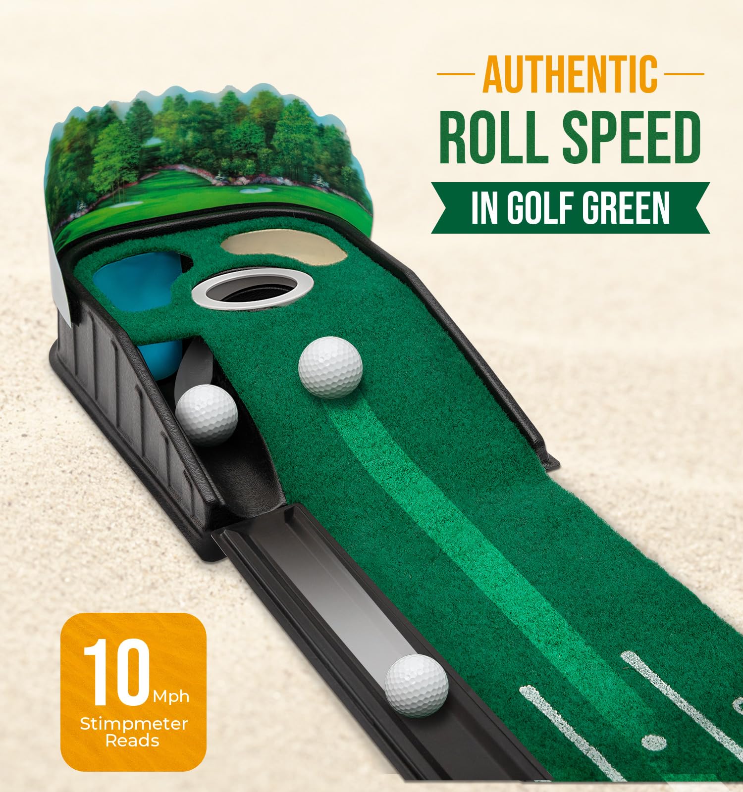Indoor Golf Putting Green Mat with Ball Return – Realistic 10 mph Speed, Obstacle Training for Home, Office & Simulator (Green)