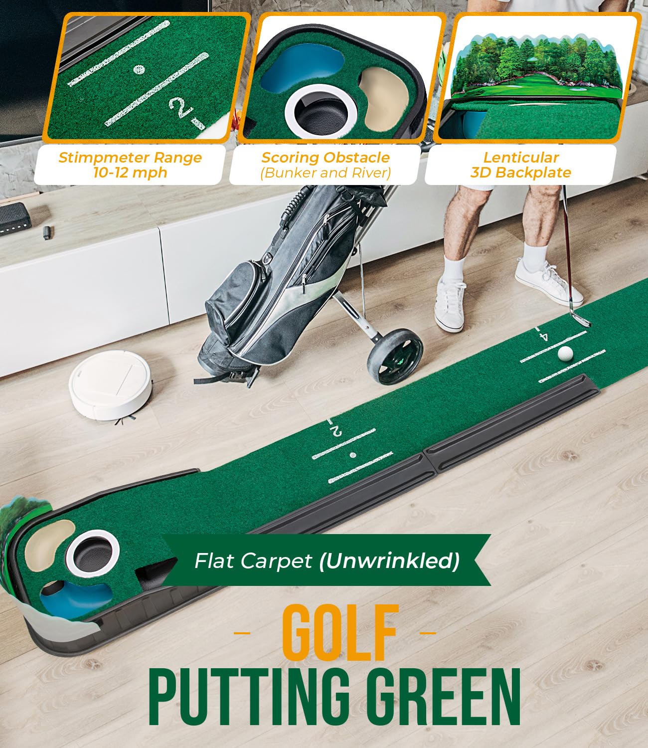 Indoor Golf Putting Green Mat with Ball Return – Realistic 10 mph Speed, Obstacle Training for Home, Office & Simulator (Green)