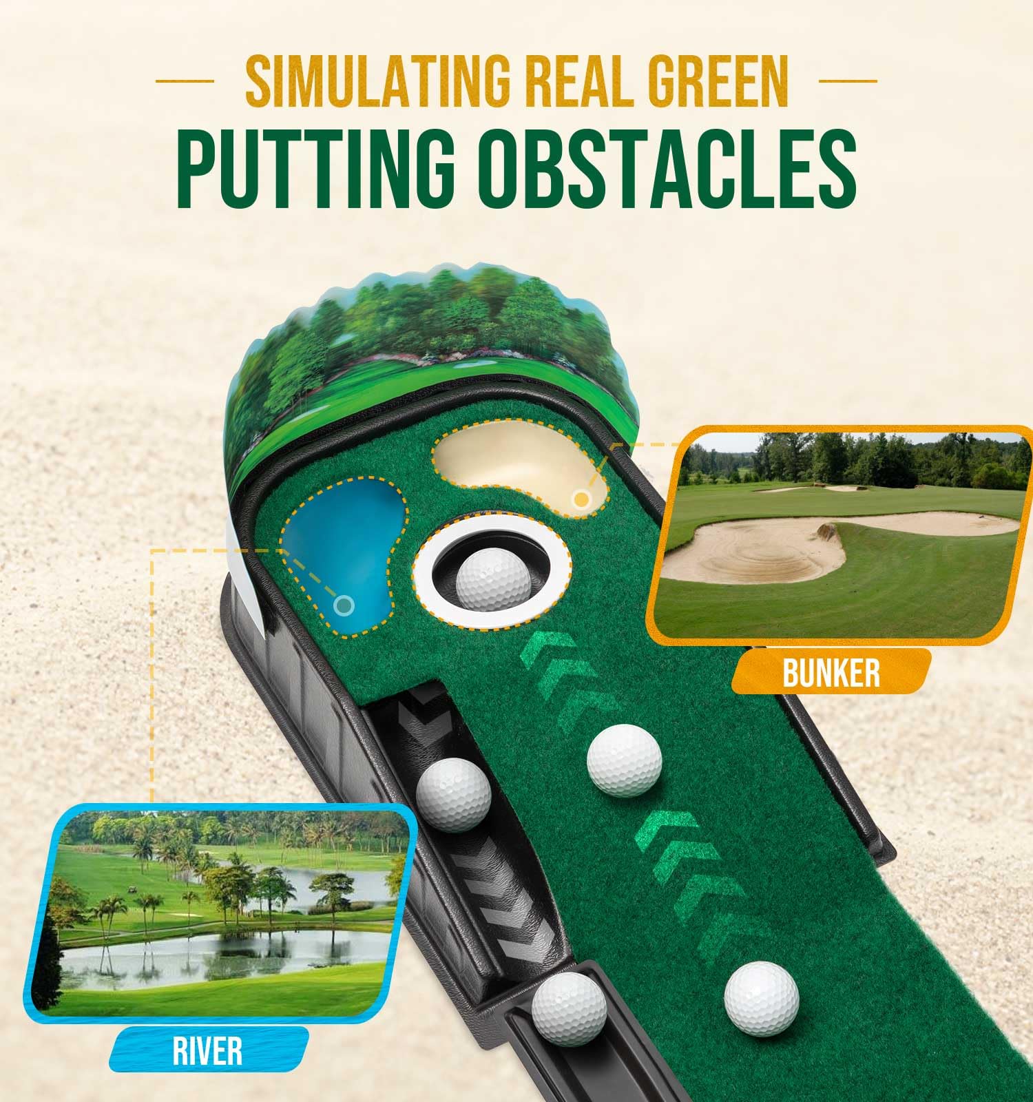 Indoor Golf Putting Green Mat with Ball Return – Realistic 10 mph Speed, Obstacle Training for Home, Office & Simulator (Green)