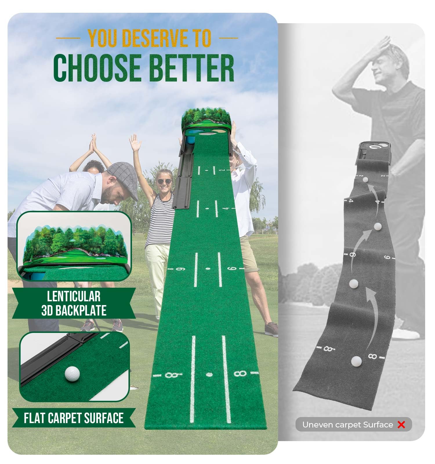 Indoor Golf Putting Green Mat with Ball Return – Realistic 10 mph Speed, Obstacle Training for Home, Office & Simulator (Green)