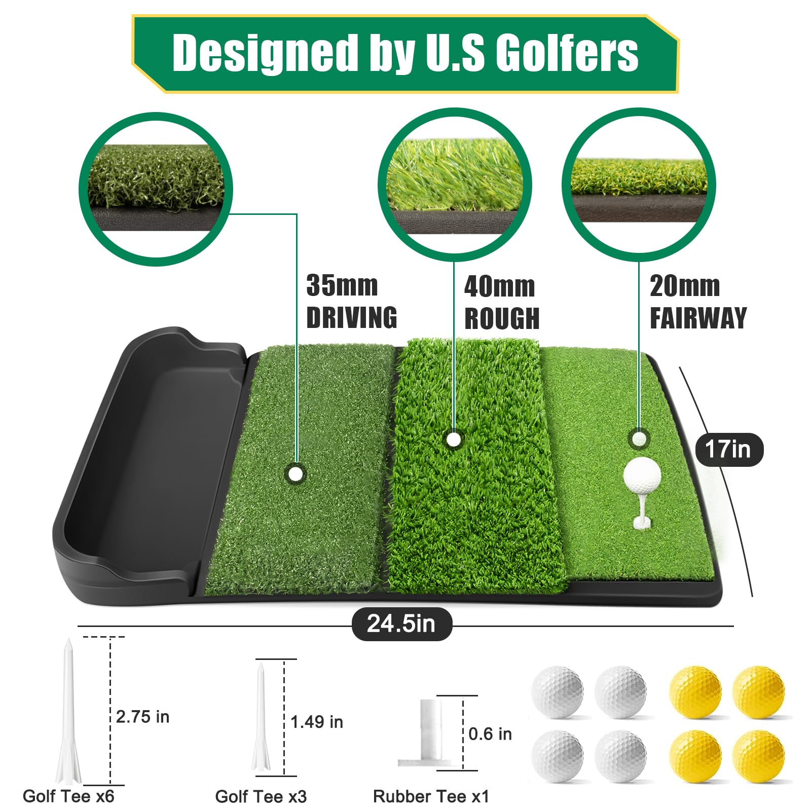 Foldable 4-in-1 Golf Practice Mat with Ball Tray – 24.5x17in Tri-Turf Hitting Pad for Indoor & Outdoor Training, Includes 8 Balls & 9 Tees (Green)