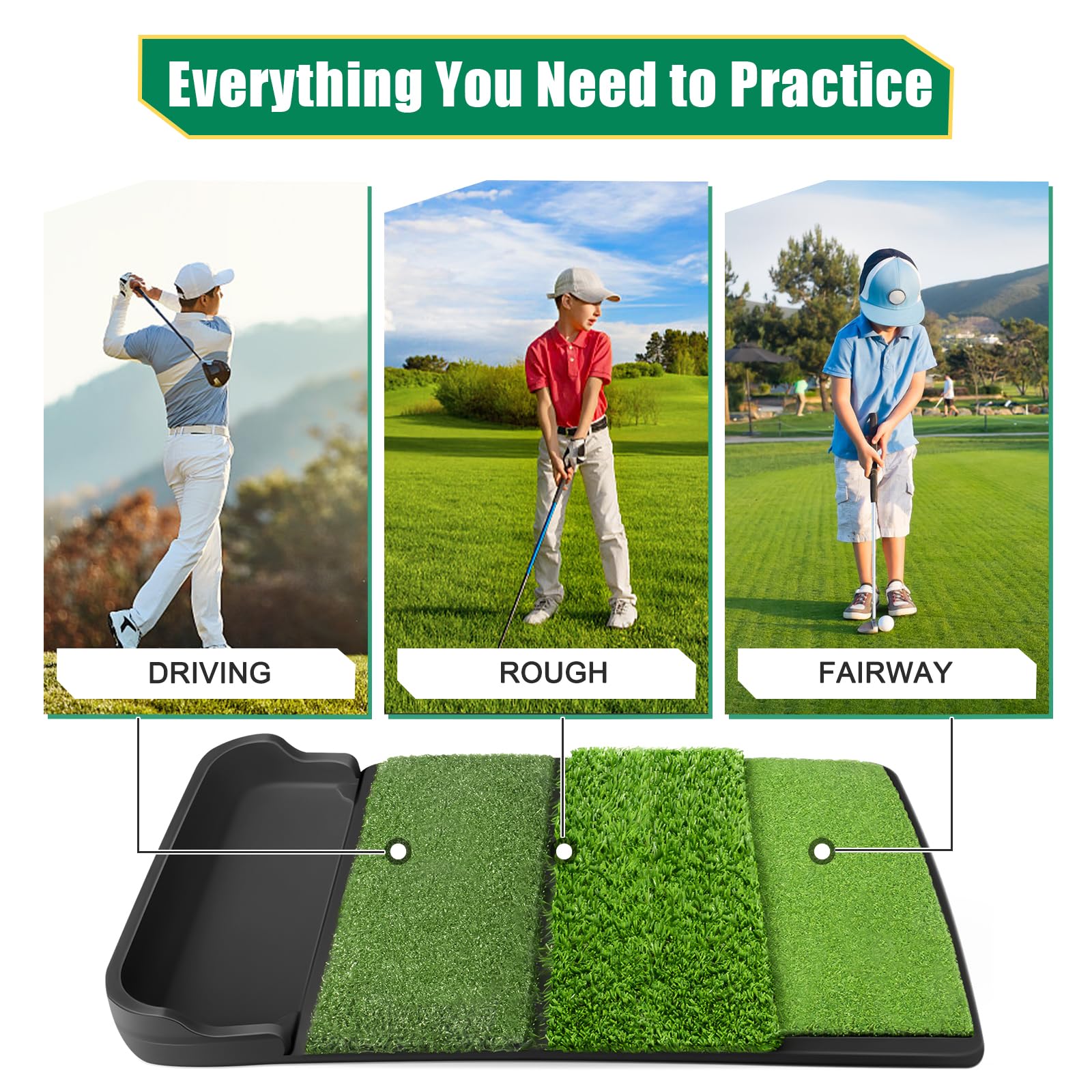 Foldable 4-in-1 Golf Practice Mat with Ball Tray – 24.5x17in Tri-Turf Hitting Pad for Indoor & Outdoor Training, Includes 8 Balls & 9 Tees (Green)