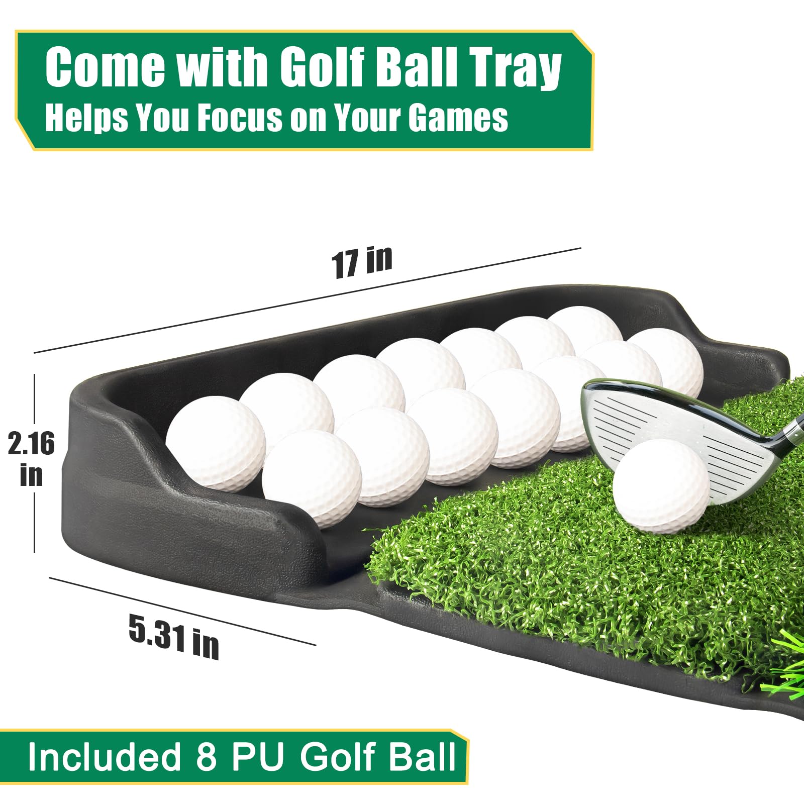 Foldable 4-in-1 Golf Practice Mat with Ball Tray – 24.5x17in Tri-Turf Hitting Pad for Indoor & Outdoor Training, Includes 8 Balls & 9 Tees (Green)