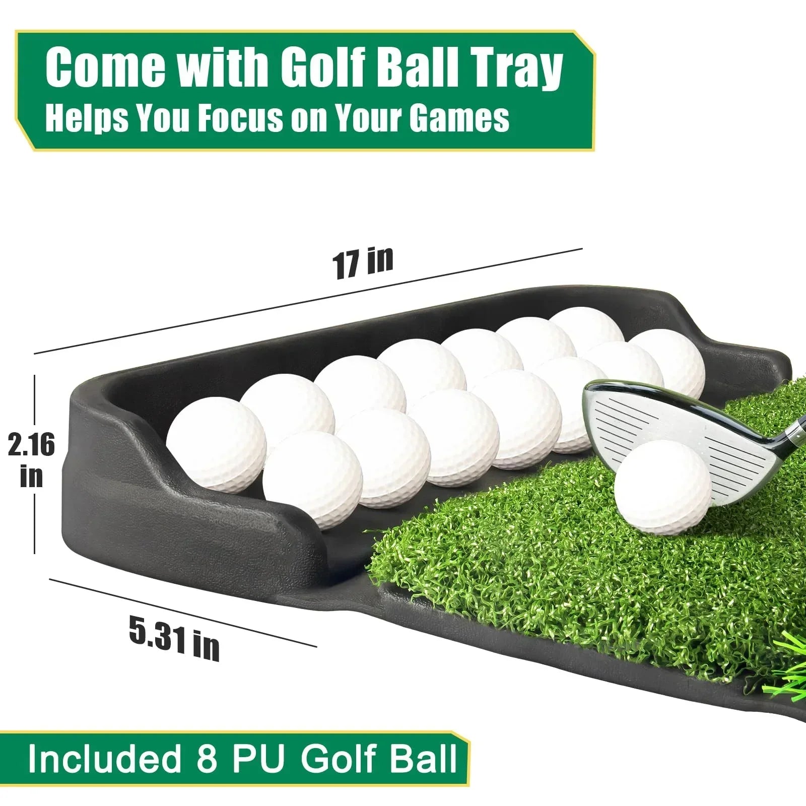 Foldable 4-in-1 Golf Practice Mat with Ball Tray – 24.5x17in Tri-Turf Hitting Pad for Indoor & Outdoor Training, Includes 8 Balls & 9 Tees (Green)