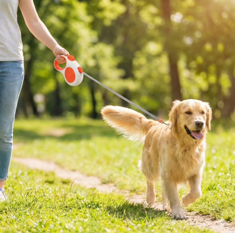 Retractable Dog Leash – 16.5 ft Automatic Walking Lead with One-Hand Brake Lock & Anti-Tangle Nylon Tape – Heavy-Duty 55 lb Capacity – Ideal for Small to Medium Dogs (White & Orange)