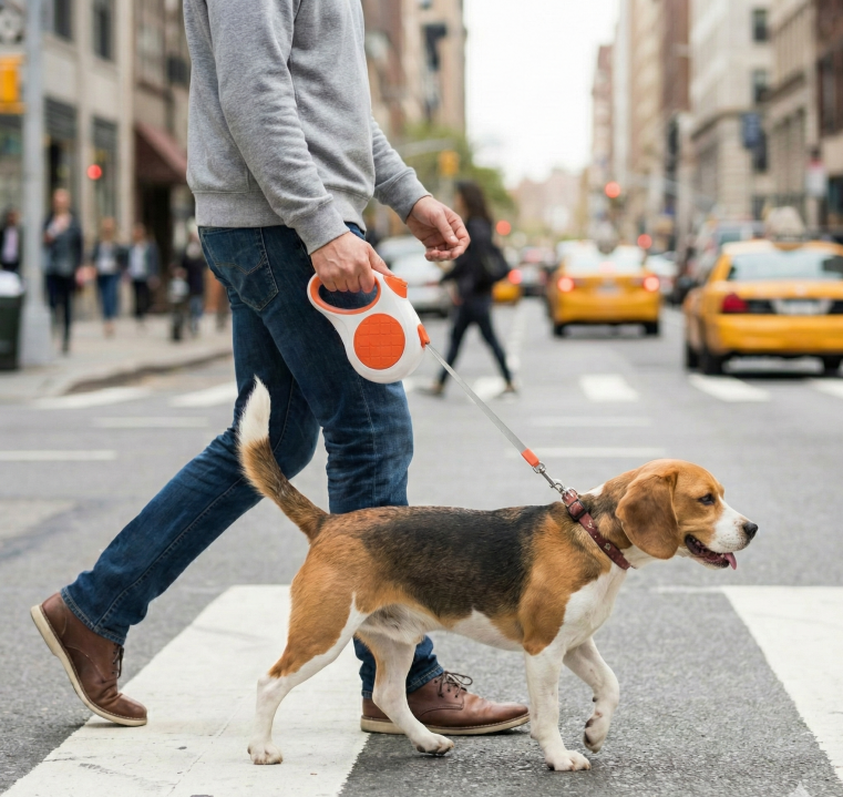 Retractable Dog Leash – 16.5 ft Automatic Walking Lead with One-Hand Brake Lock & Anti-Tangle Nylon Tape – Heavy-Duty 55 lb Capacity – Ideal for Small to Medium Dogs (White & Orange)