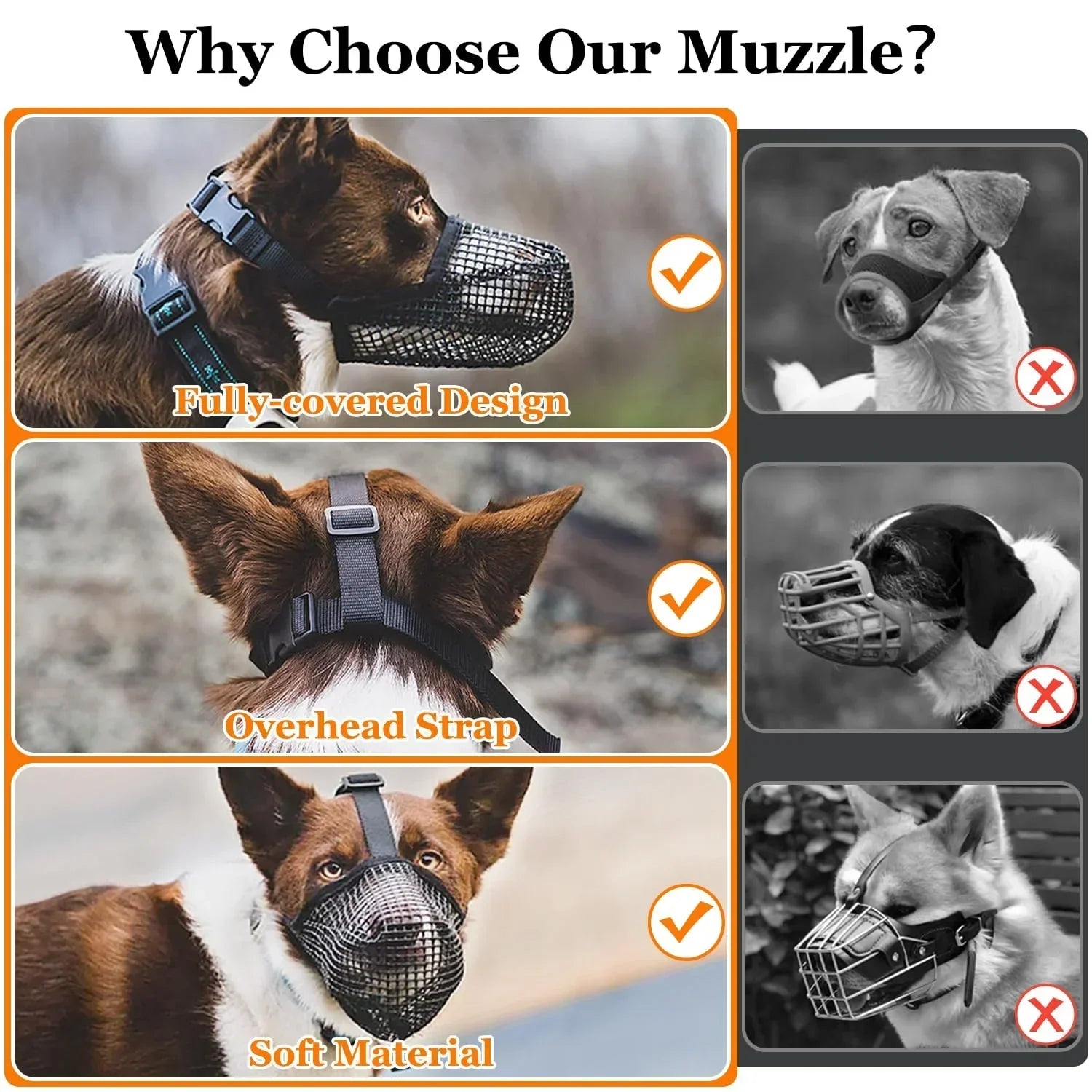 Soft Mesh Dog Muzzle for Small Medium Large Dogs – Breathable Adjustable Anti-Bite Chewing Guard with Overhead Strap – Fits Labrador, German Shepherd, Golden Retriever – 5 Sizes (Grey,S)