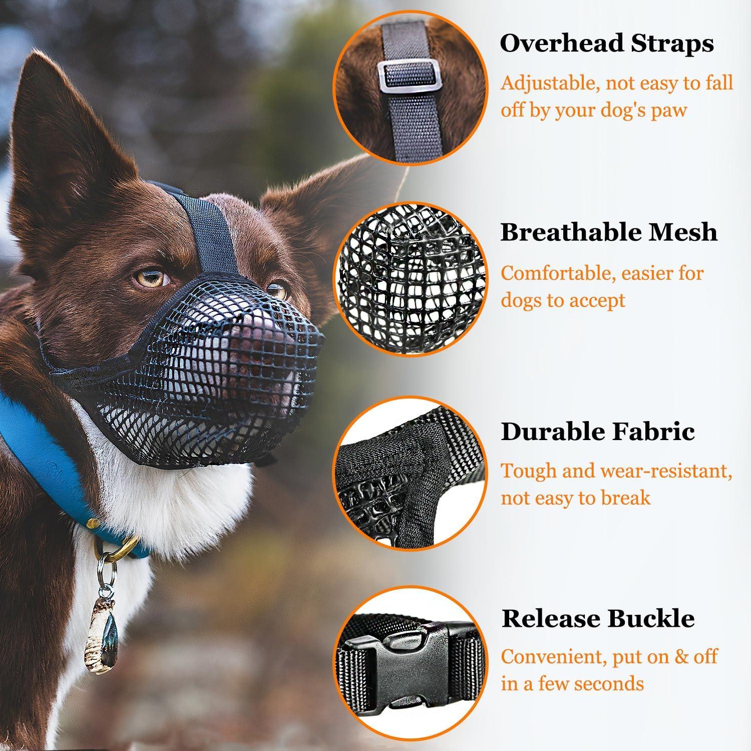 Soft Mesh Dog Muzzle for Small Medium Large Dogs – Breathable Adjustable Anti-Bite Chewing Guard with Overhead Strap – Fits Labrador, German Shepherd, Golden Retriever – 5 Sizes (Black,XS)