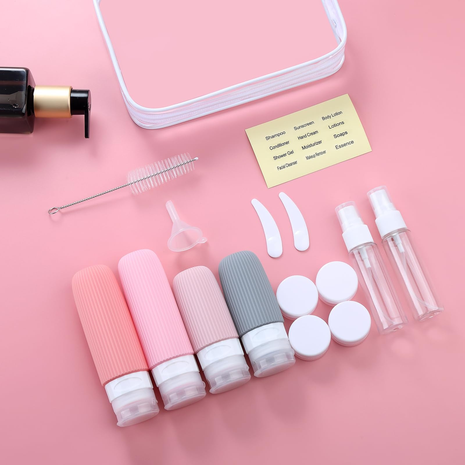 16-Piece Travel Bottle Set with Leak-Proof Silicone Squeeze Bottles – Reusable Toiletry Containers for Shampoo, Lotion, Makeup Remover (Pink)  | Other Colors Available in Store