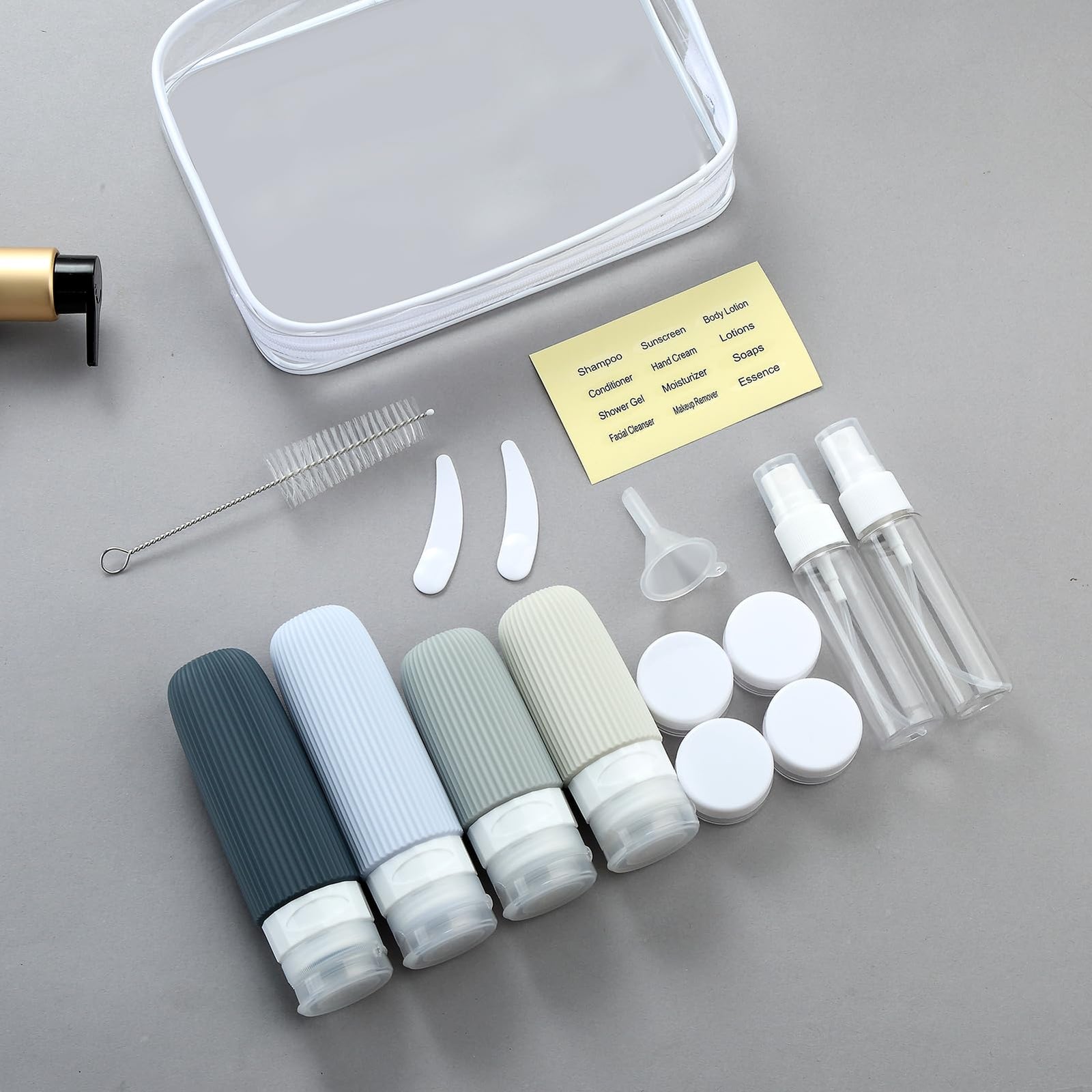16-Piece Travel Bottle Set with Leak-Proof Silicone Squeeze Bottles – Reusable Toiletry Containers for Shampoo, Lotion, Makeup Remover (Grey)  | Other Colors Available in Store