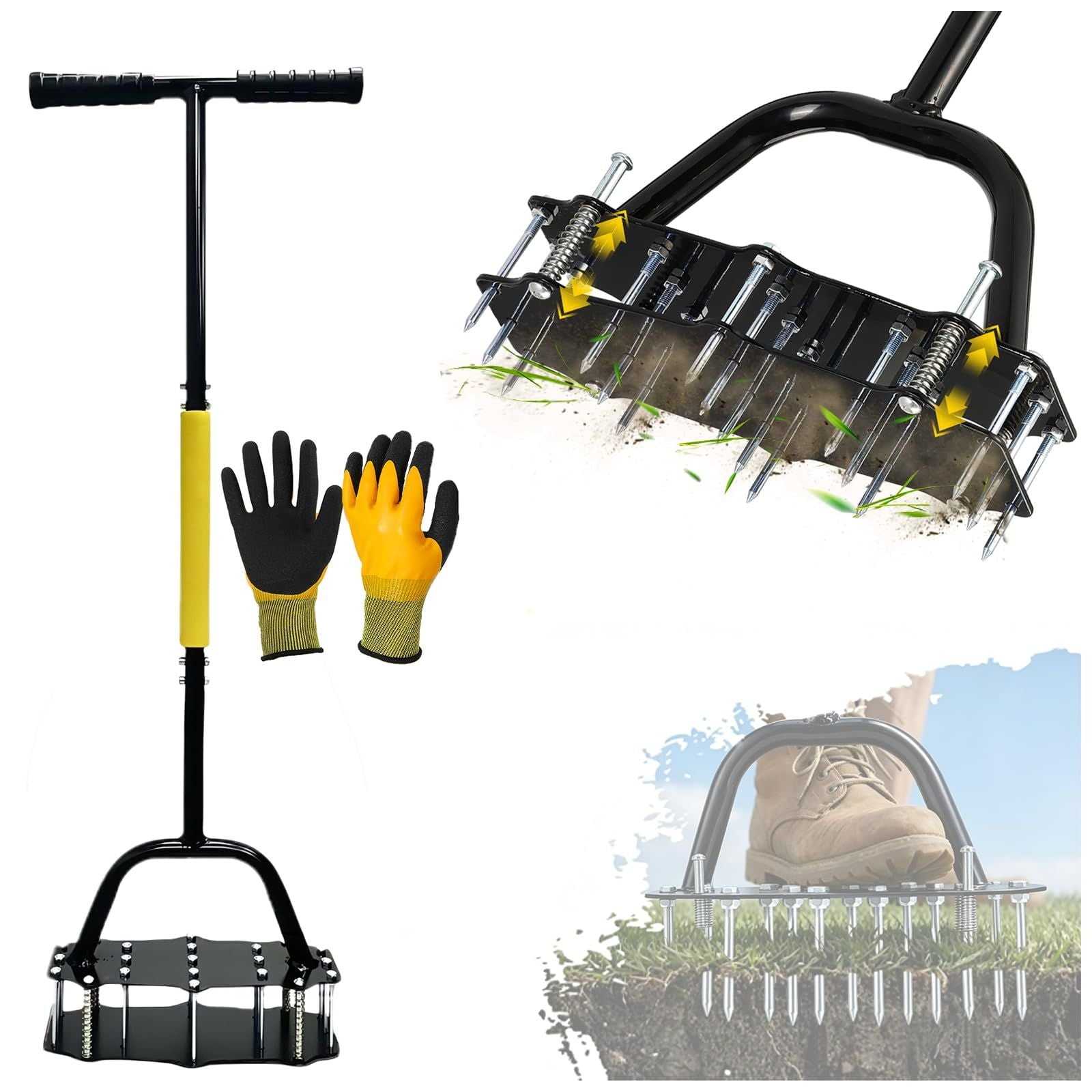 Manual Lawn Aerator Tool Automatic Dirt Clean Design with 17 Spikes Aerator Lawn Tool with Extended T-Handle, Easy-to-Assemble Soil Aerator with Gloves, Grass Aerator for Soil Loosening(black)