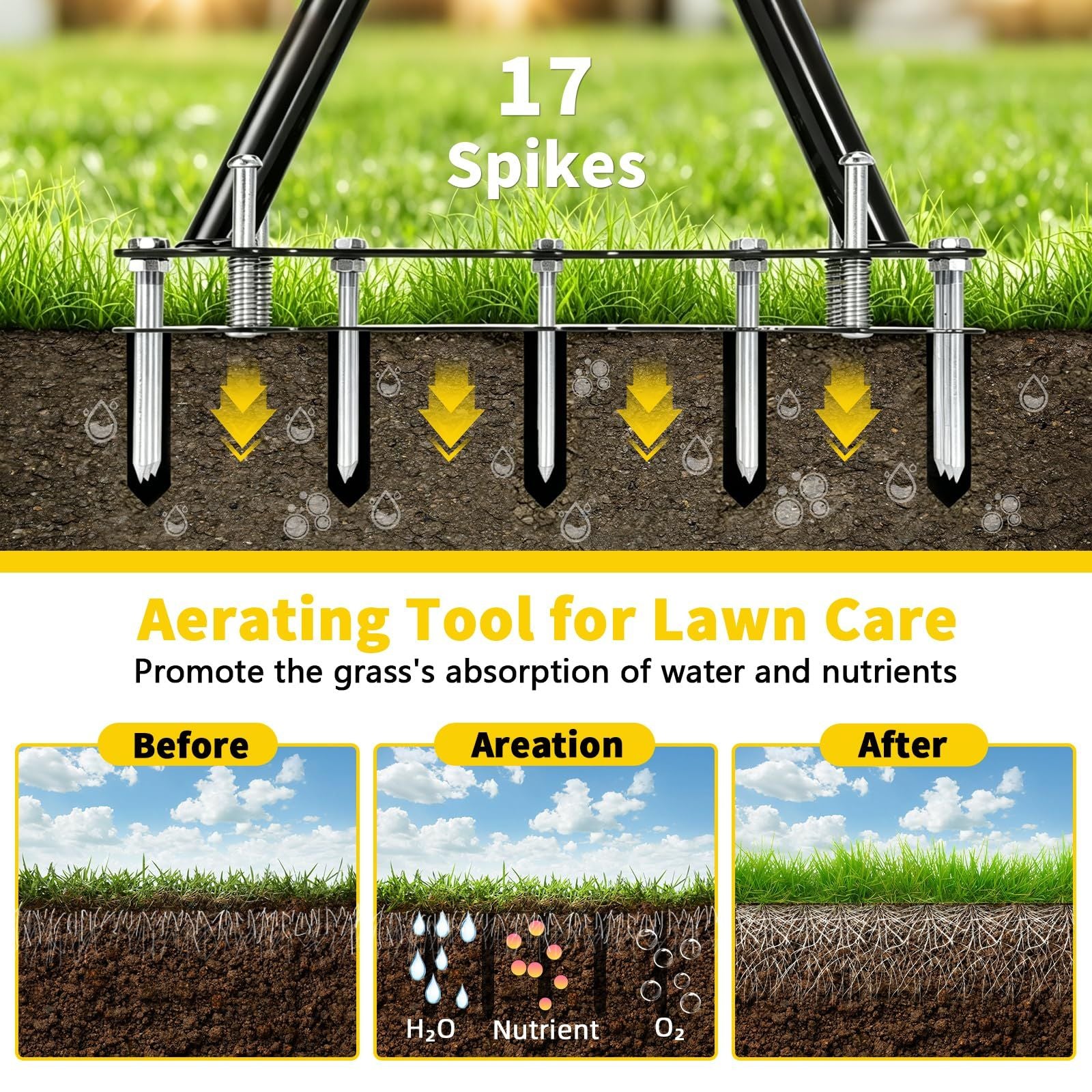 Manual Lawn Aerator Tool Automatic Dirt Clean Design with 17 Spikes Aerator Lawn Tool with Extended T-Handle, Easy-to-Assemble Soil Aerator with Gloves, Grass Aerator for Soil Loosening(black)