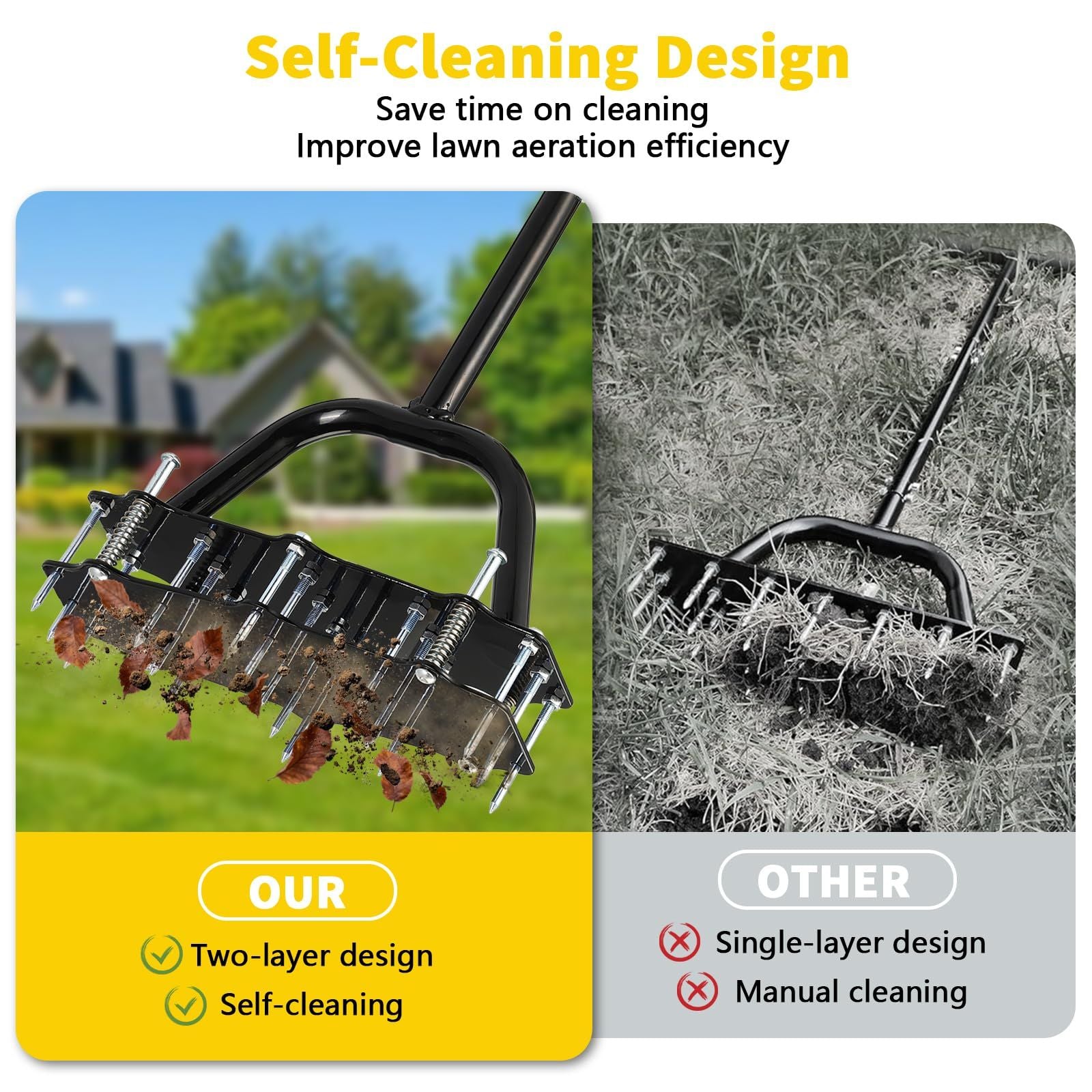 Manual Lawn Aerator Tool Automatic Dirt Clean Design with 17 Spikes Aerator Lawn Tool with Extended T-Handle, Easy-to-Assemble Soil Aerator with Gloves, Grass Aerator for Soil Loosening(black)