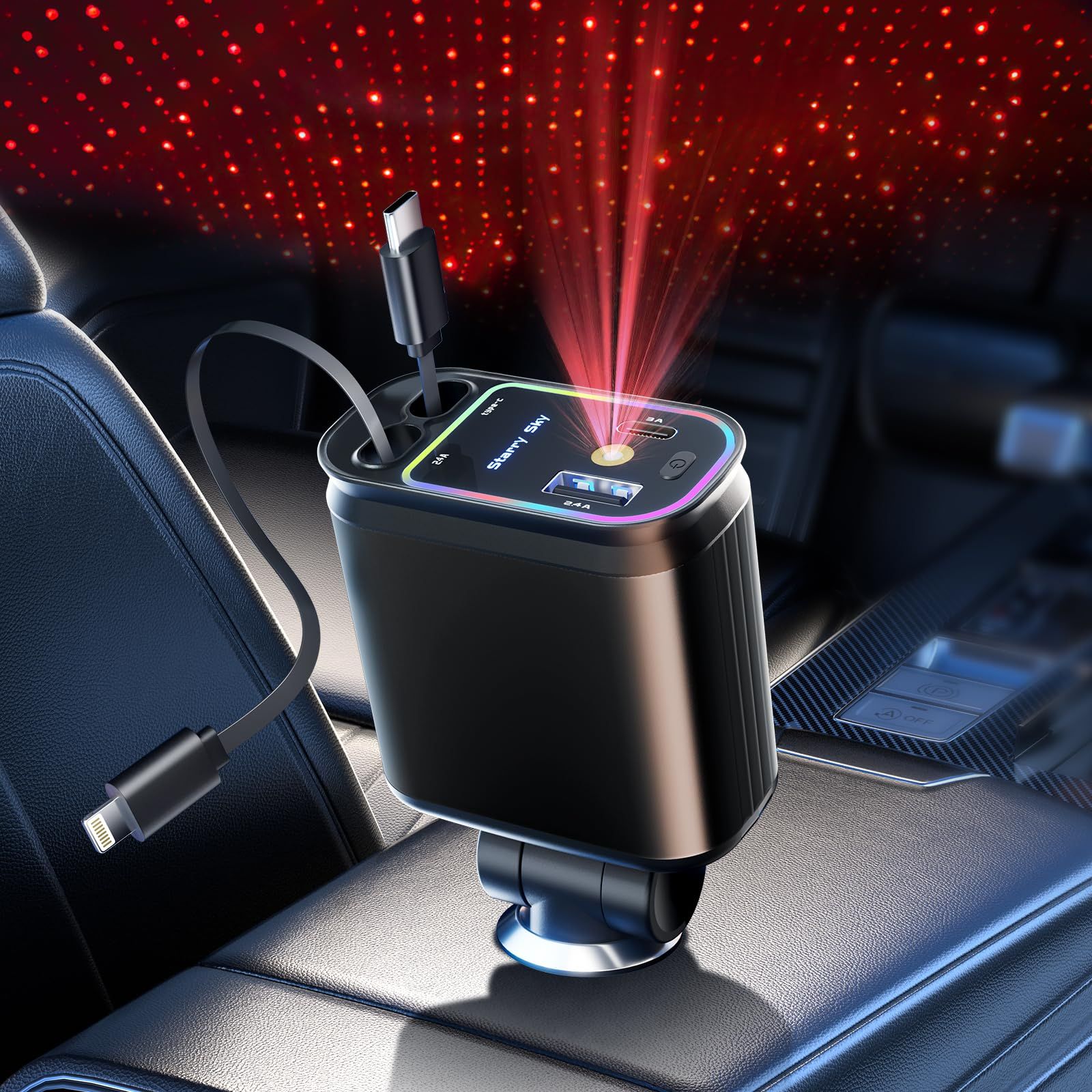 Retractable Car Charger with Starlight, 66W Starlight in Car roof 4 in 1 Retractable Car Phone Charger Adapter, Fast Charging USB C Cable, Compatible with iPhone 17/16/15/14/13/12(black)