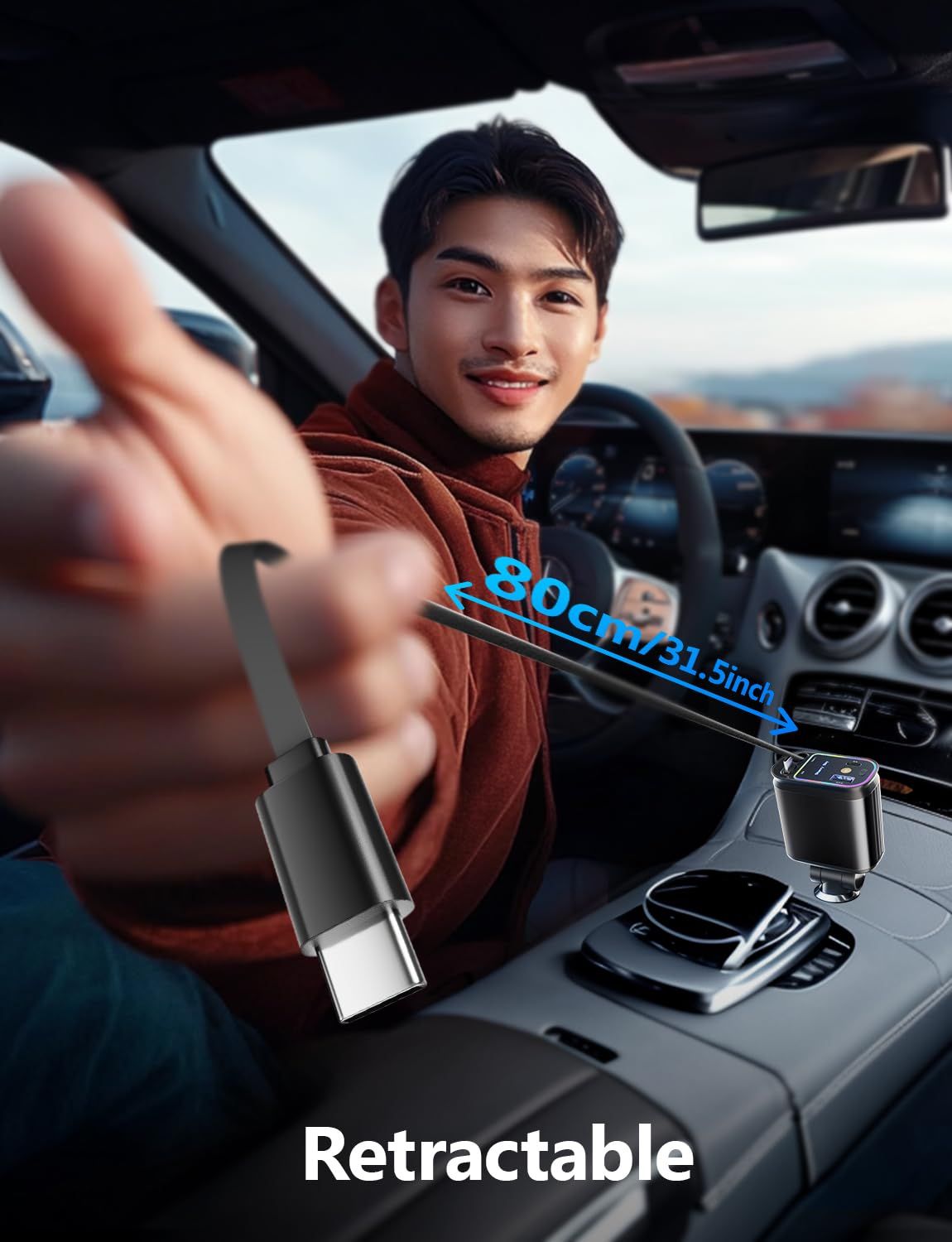 Retractable Car Charger with Starlight, 66W Starlight in Car roof 4 in 1 Retractable Car Phone Charger Adapter, Fast Charging USB C Cable, Compatible with iPhone 17/16/15/14/13/12(black)