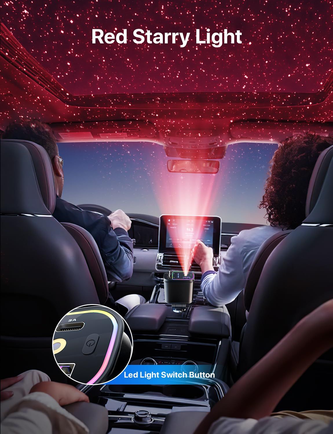 Retractable Car Charger with Starlight, 66W Starlight in Car roof 4 in 1 Retractable Car Phone Charger Adapter, Fast Charging USB C Cable, Compatible with iPhone 17/16/15/14/13/12(black)