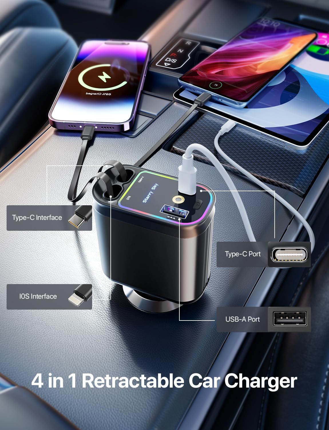 Retractable Car Charger with Starlight, 66W Starlight in Car roof 4 in 1 Retractable Car Phone Charger Adapter, Fast Charging USB C Cable, Compatible with iPhone 17/16/15/14/13/12(black)
