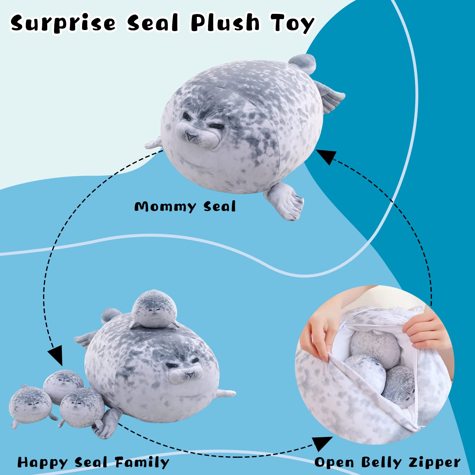 Gray Chubby Seal Plush Pillow with 4 Baby Seals Inside: Soft Stuffed Animal for Kids, Hug Pillow & Room Decor – Perfect Gift for Children