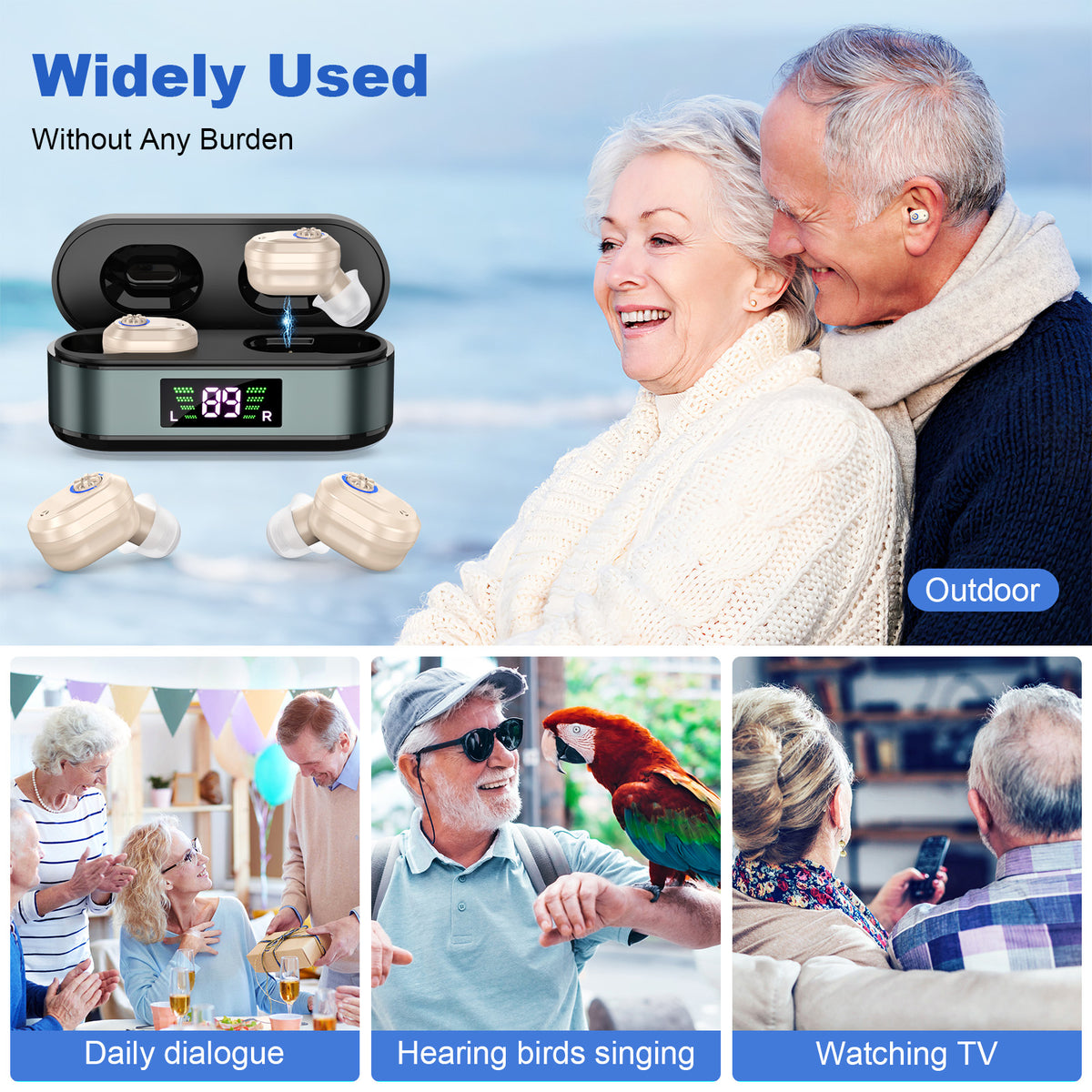 Rechargeable In-the-Ear Hearing Aids with Charging Case and LCD Display – Ultra-Compact Sound Amplifier for Seniors (Black & Green Case, Skin Tone Device)