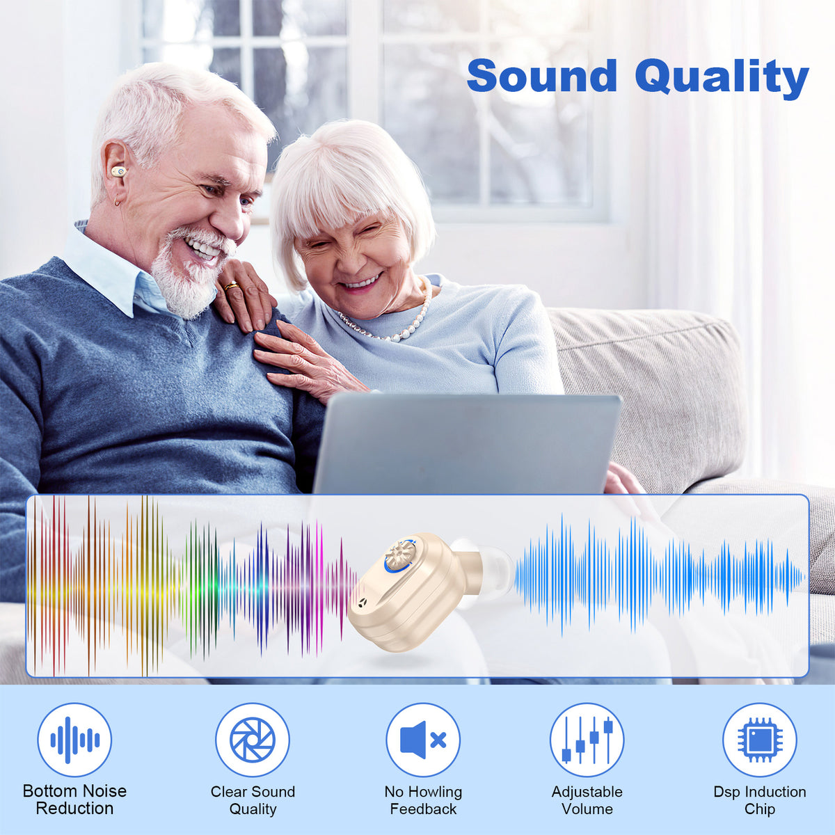 Rechargeable In-the-Ear Hearing Aids with Charging Case and LCD Display – Ultra-Compact Sound Amplifier for Seniors (Black & Green Case, Skin Tone Device)