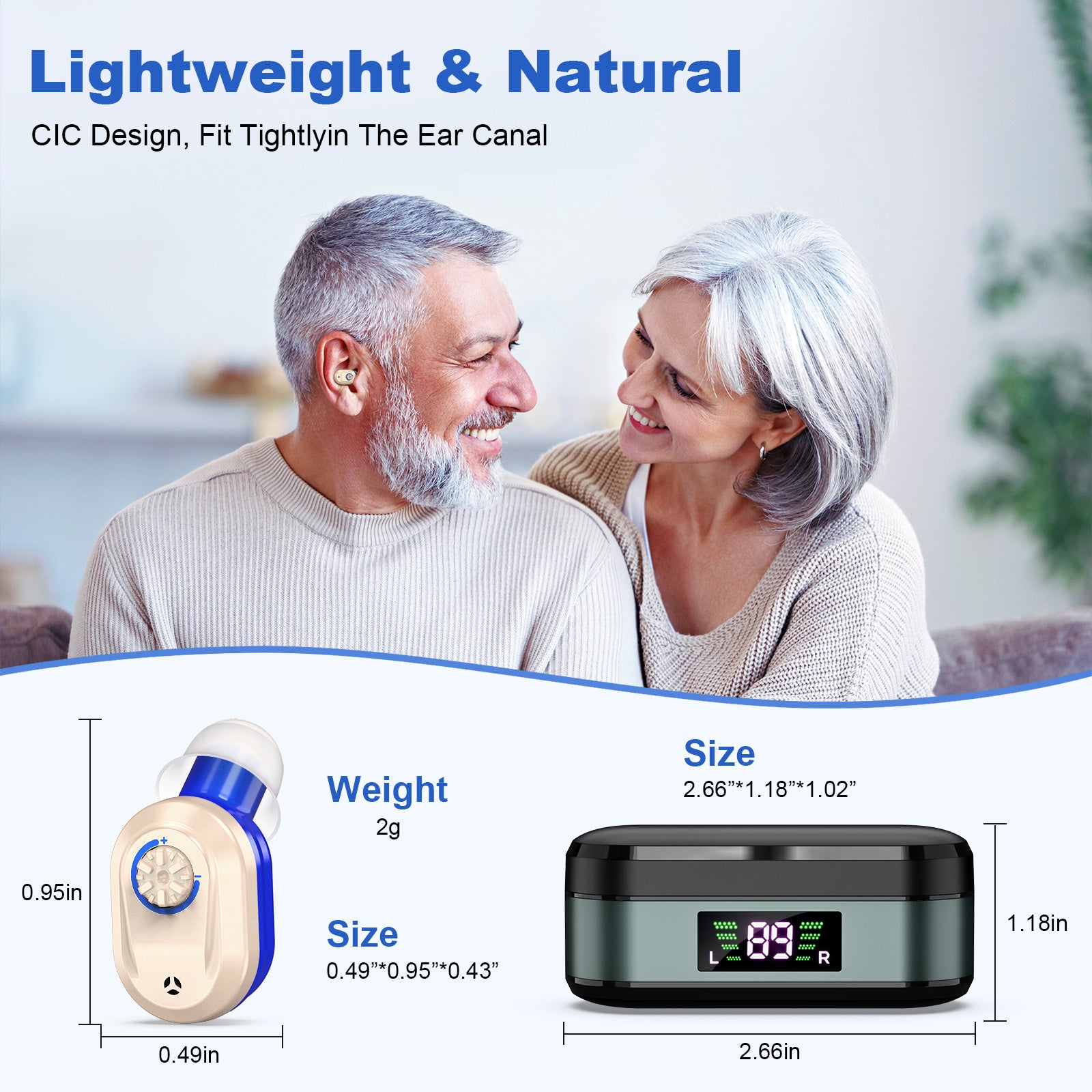 Rechargeable In-the-Ear Hearing Aids with Charging Case and LCD Display – Ultra-Compact Sound Amplifier for Seniors (Black & Green Case, Red & Blue Device)