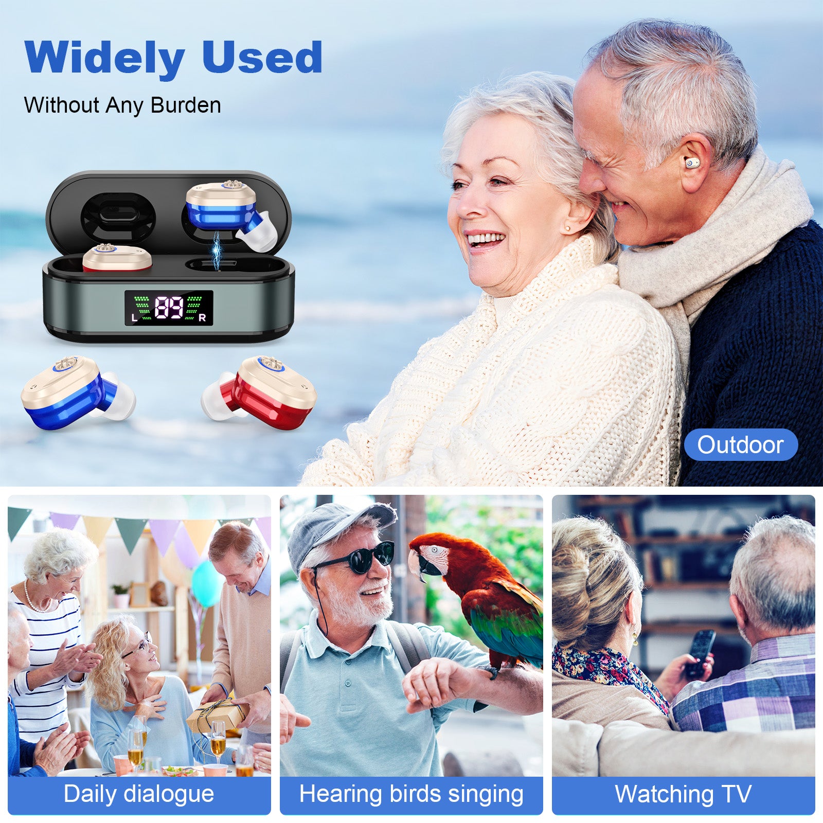 Rechargeable In-the-Ear Hearing Aids with Charging Case and LCD Display – Ultra-Compact Sound Amplifier for Seniors (Black & Green Case, Red & Blue Device)