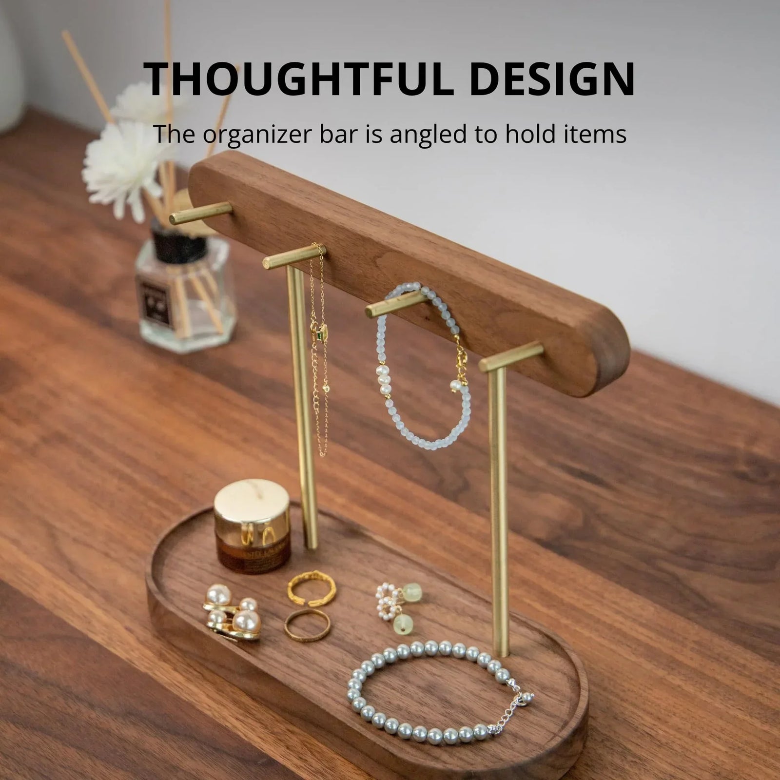 Modern Walnut Wood Key Holder with Brass Hooks – Desktop Organizer for Keys, Jewelry, Watches, and Small Accessories, Compact Design (Walnut)