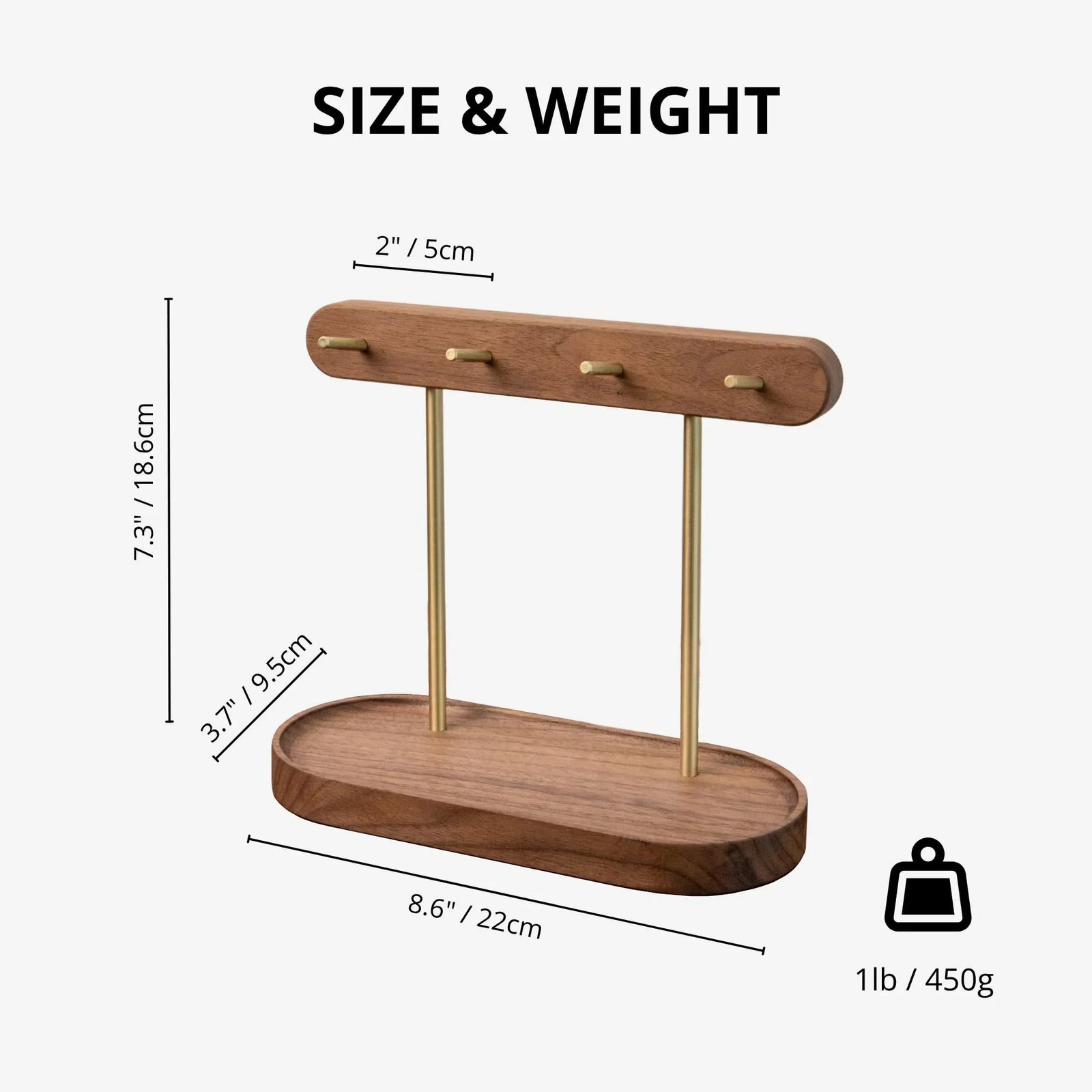 Modern Walnut Wood Key Holder with Brass Hooks – Desktop Organizer for Keys, Jewelry, Watches, and Small Accessories, Compact Design (Walnut)