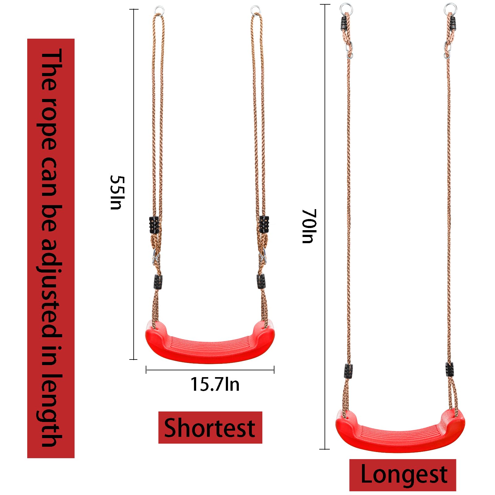 Outdoor Kids Plastic Swing Seat with Adjustable Rope – Durable Tree Swing for Backyard, 220lb Capacity, Red (Red)