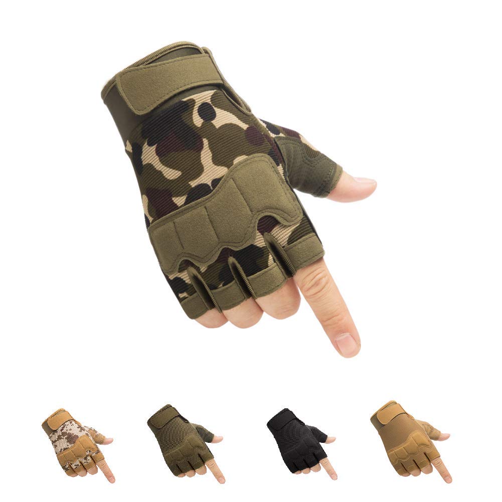 Tactical Fingerless Gloves with Knuckle Protection – Breathable Outdoor Gloves for Shooting, Hunting, Cycling, and Training (Green Camouflage,L)