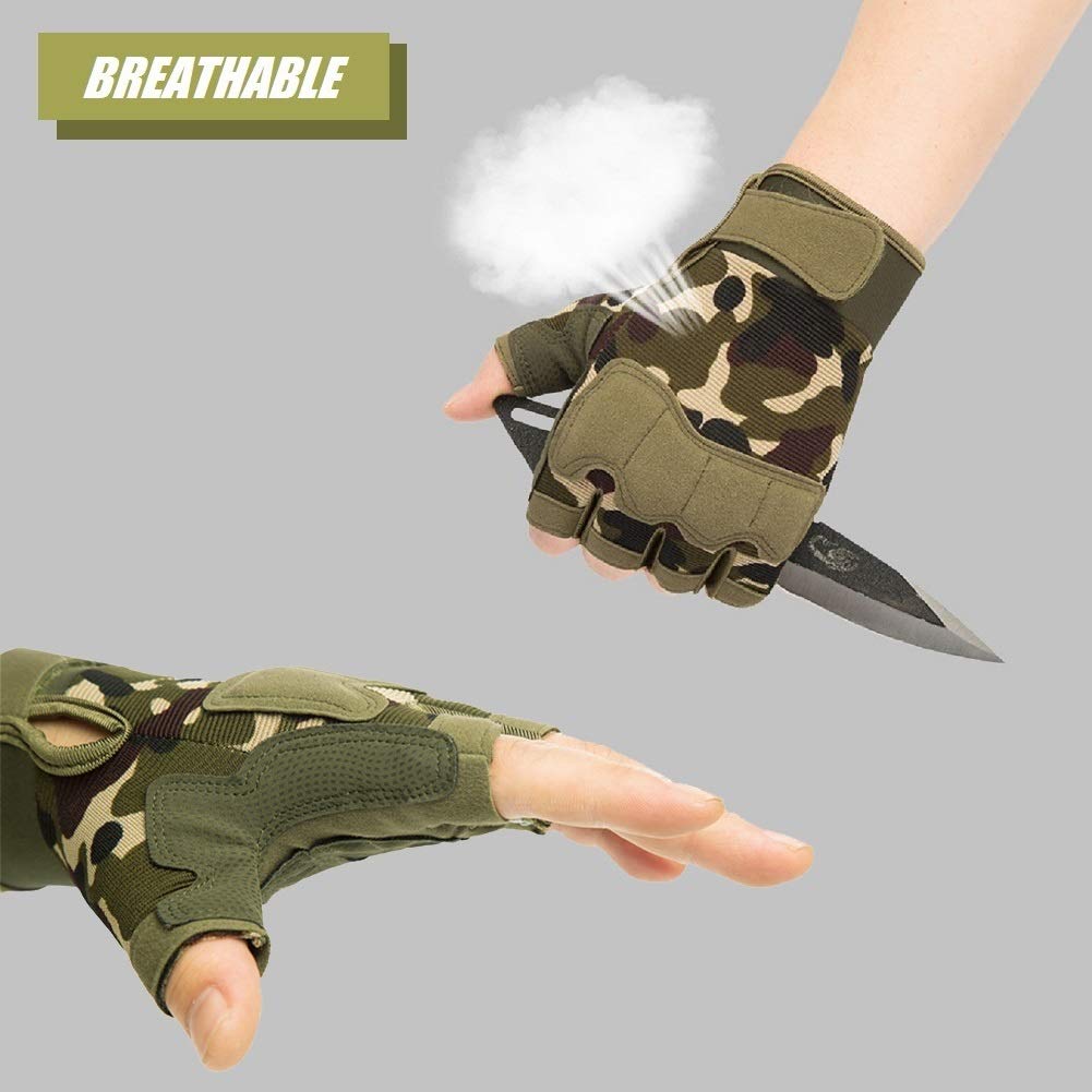 Tactical Fingerless Gloves with Knuckle Protection – Breathable Outdoor Gloves for Shooting, Hunting, Cycling, and Training (Green Camouflage,M)