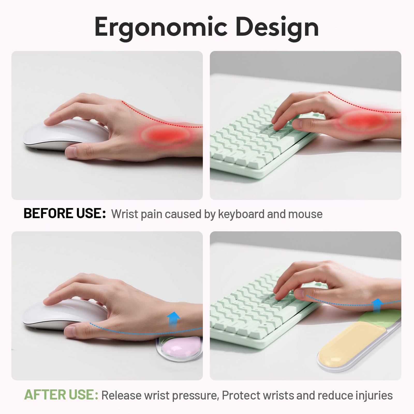 Ergonomic Gel Wrist Rest Set – Keyboard and Mouse Support Pad with Soft Cushioning for Office, Work, Gaming, and Study – Anti-Slip Base, Comfortable Design (Pink-Green-Orange)