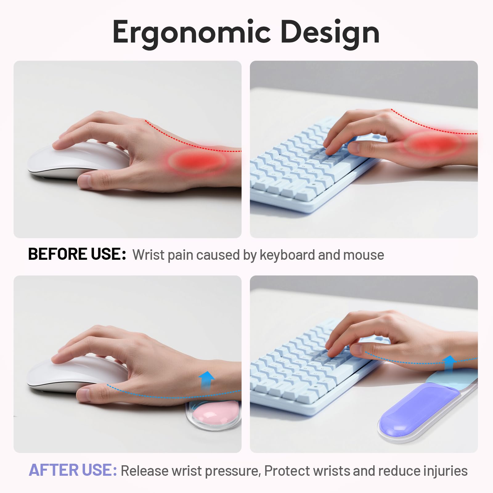 Ergonomic Gel Wrist Rest Set – Keyboard and Mouse Support Pad with Soft Cushioning for Office, Work, Gaming, and Study – Anti-Slip Base, Comfortable Design (Purple-Blue-Pink)