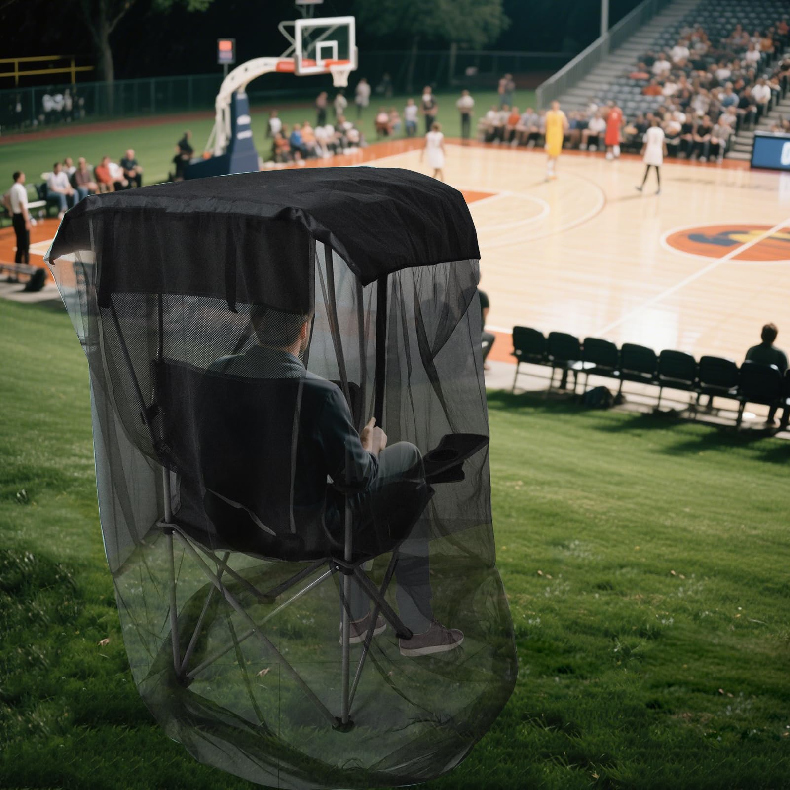 Outdoor Mosquito Net Chair Cover with Canopy – UV & Waterproof, Zippered Entry, Breathable Mesh Tent for Camping, Fishing, Beach Use (Black)