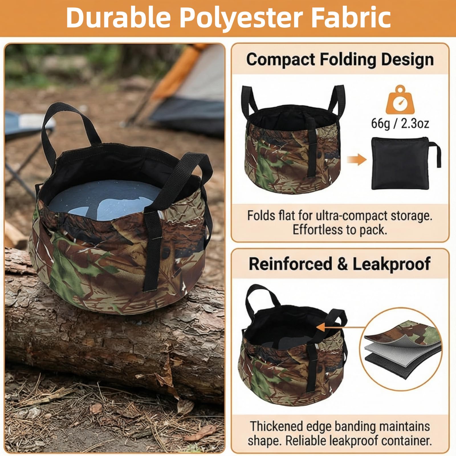 Collapsible Outdoor Bucket with Handles – Foldable Water Container for Camping, Fishing, Travel & Washing, Durable Waterproof Polyester Basin (Camouflage)