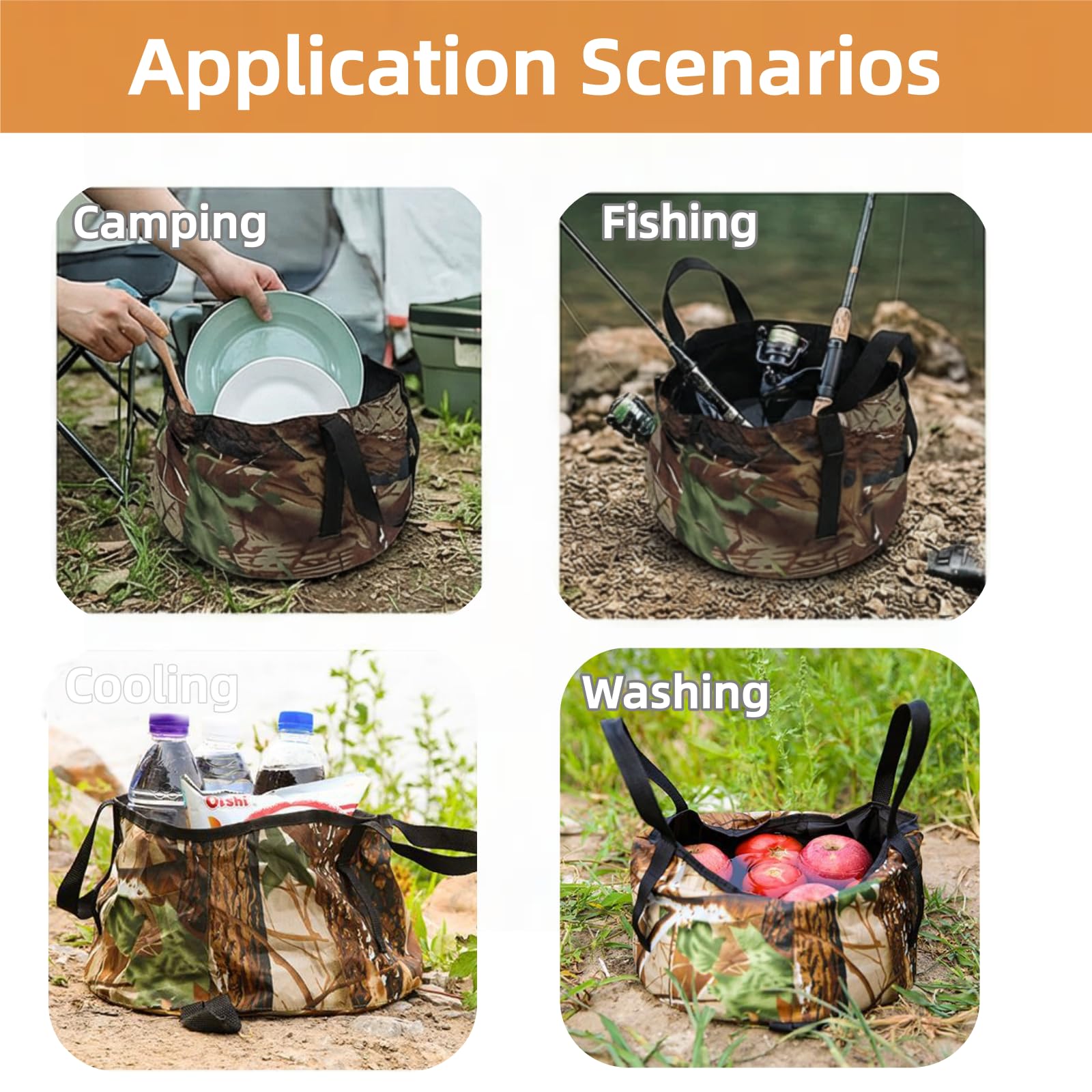 Collapsible Outdoor Bucket with Handles – Foldable Water Container for Camping, Fishing, Travel & Washing, Durable Waterproof Polyester Basin (Camouflage)