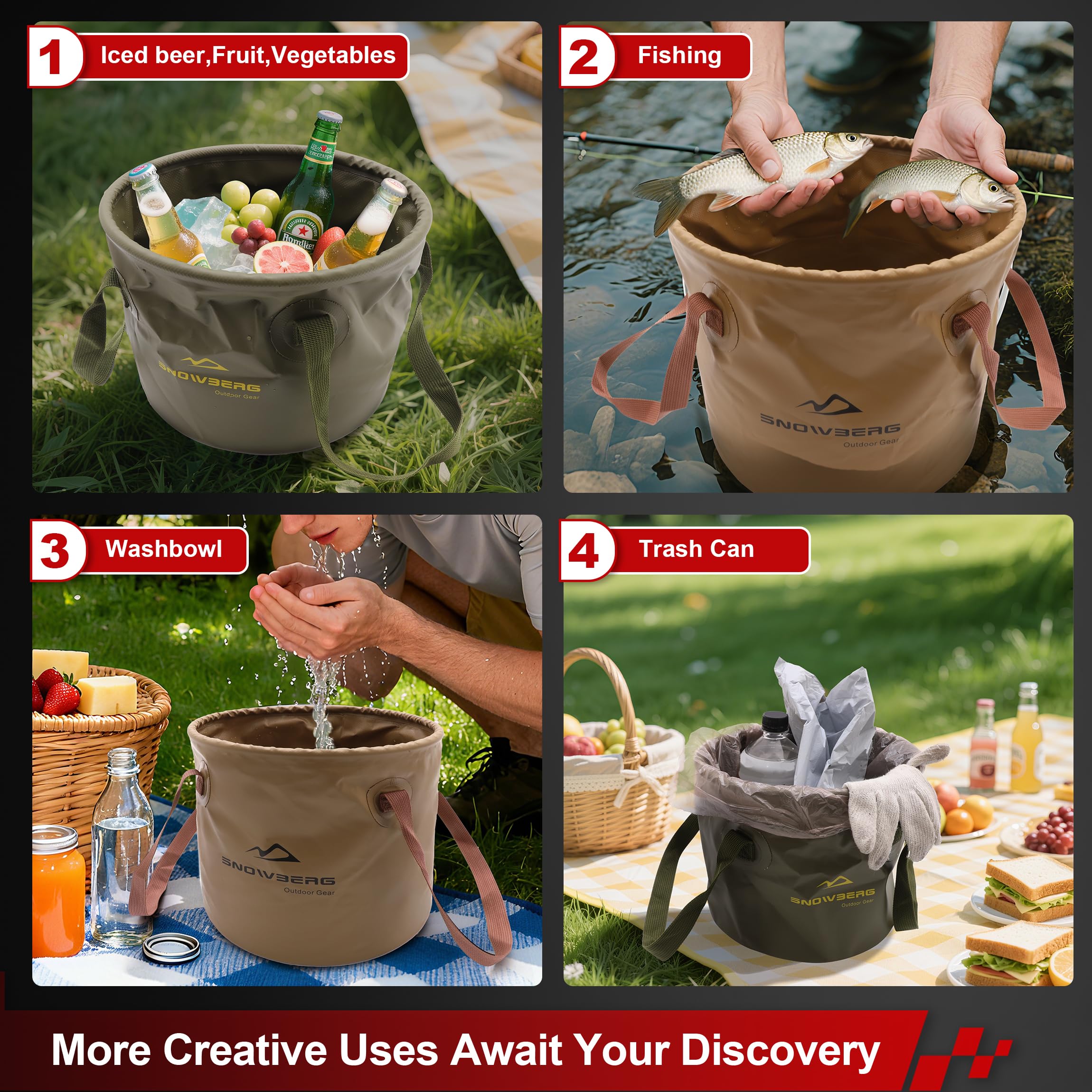 Multi-Use Collapsible Bucket – Foldable Camping Container with Dual Handles, 10L/20L Capacity, Supports 22 lbs or 44 lbs, Waterproof PVC Mesh for Fishing, Washing, Picnics & Outdoor Use (Coffee,Trumpet)