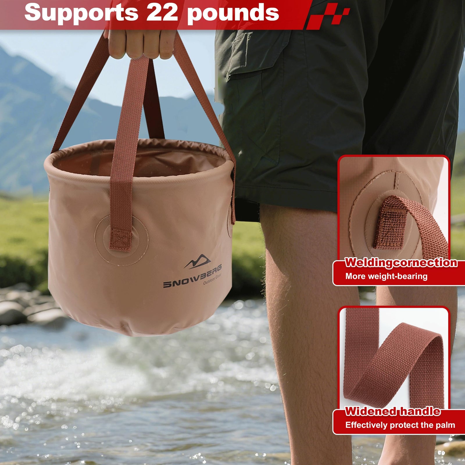 Multi-Use Collapsible Bucket – Foldable Camping Container with Dual Handles, 10L/20L Capacity, Supports 22 lbs or 44 lbs, Waterproof PVC Mesh for Fishing, Washing, Picnics & Outdoor Use (Coffee,Trumpet)