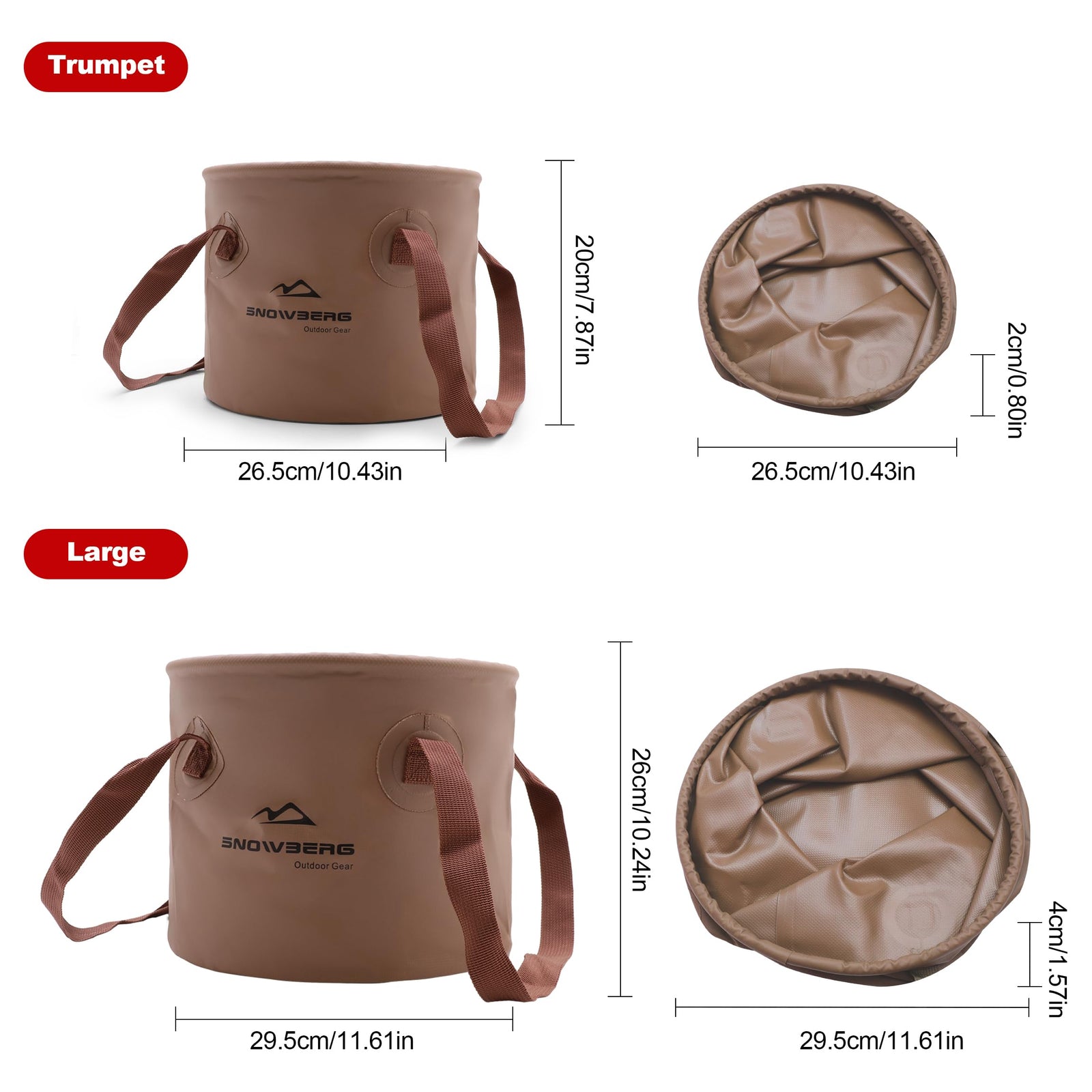 Multi-Use Collapsible Bucket – Foldable Camping Container with Dual Handles, 10L/20L Capacity, Supports 22 lbs or 44 lbs, Waterproof PVC Mesh for Fishing, Washing, Picnics & Outdoor Use (Coffee,Trumpet)