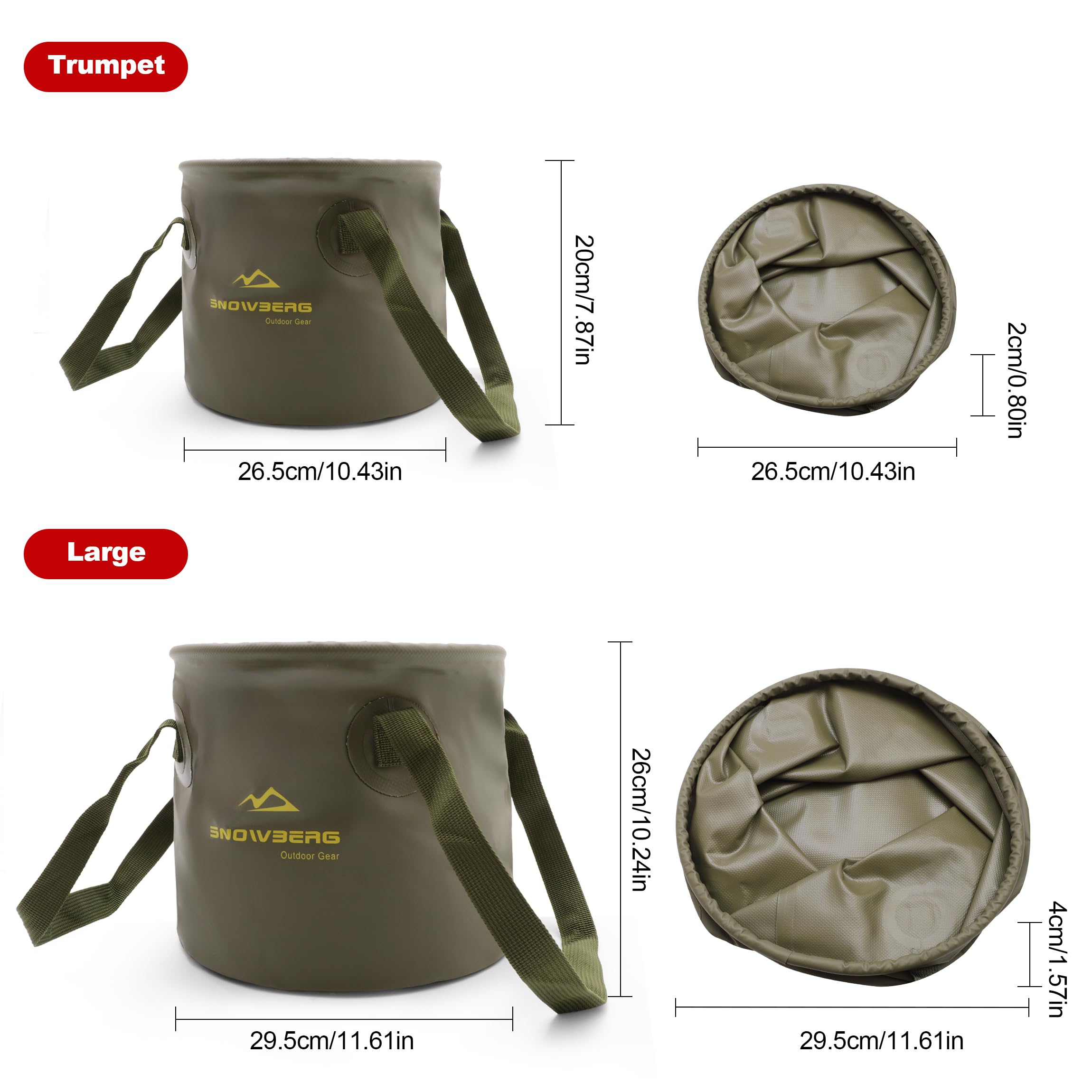 Multi-Use Collapsible Bucket – Foldable Camping Container with Dual Handles, 10L/20L Capacity, Supports 22 lbs or 44 lbs, Waterproof PVC Mesh for Fishing, Washing, Picnics & Outdoor Use (Forest Green,Large)