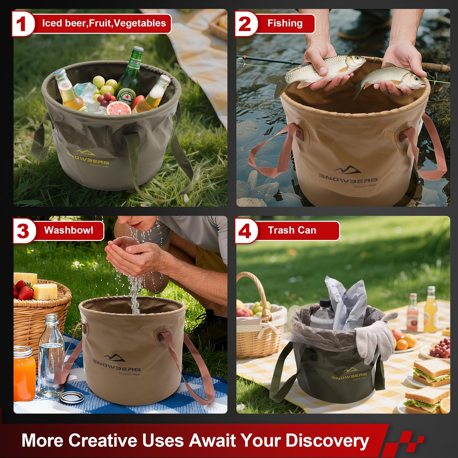 Multi-Use Collapsible Bucket – Foldable Camping Container with Dual Handles, 10L/20L Capacity, Supports 22 lbs or 44 lbs, Waterproof PVC Mesh for Fishing, Washing, Picnics & Outdoor Use (Forest Green,Trumpet)