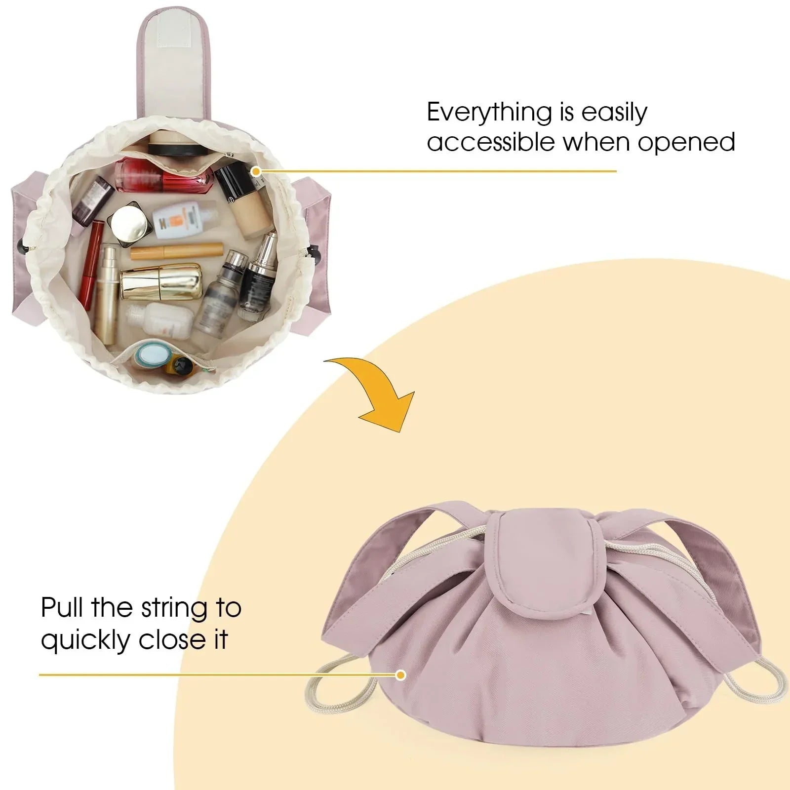 High-Capacity Barrel-Style Cosmetic Bag with Double Drawstring Closure – Water-Resistant, Padded Lining, Inner Zipper & Mesh Pocket – Ideal for Travel & Daily Use (Pink)