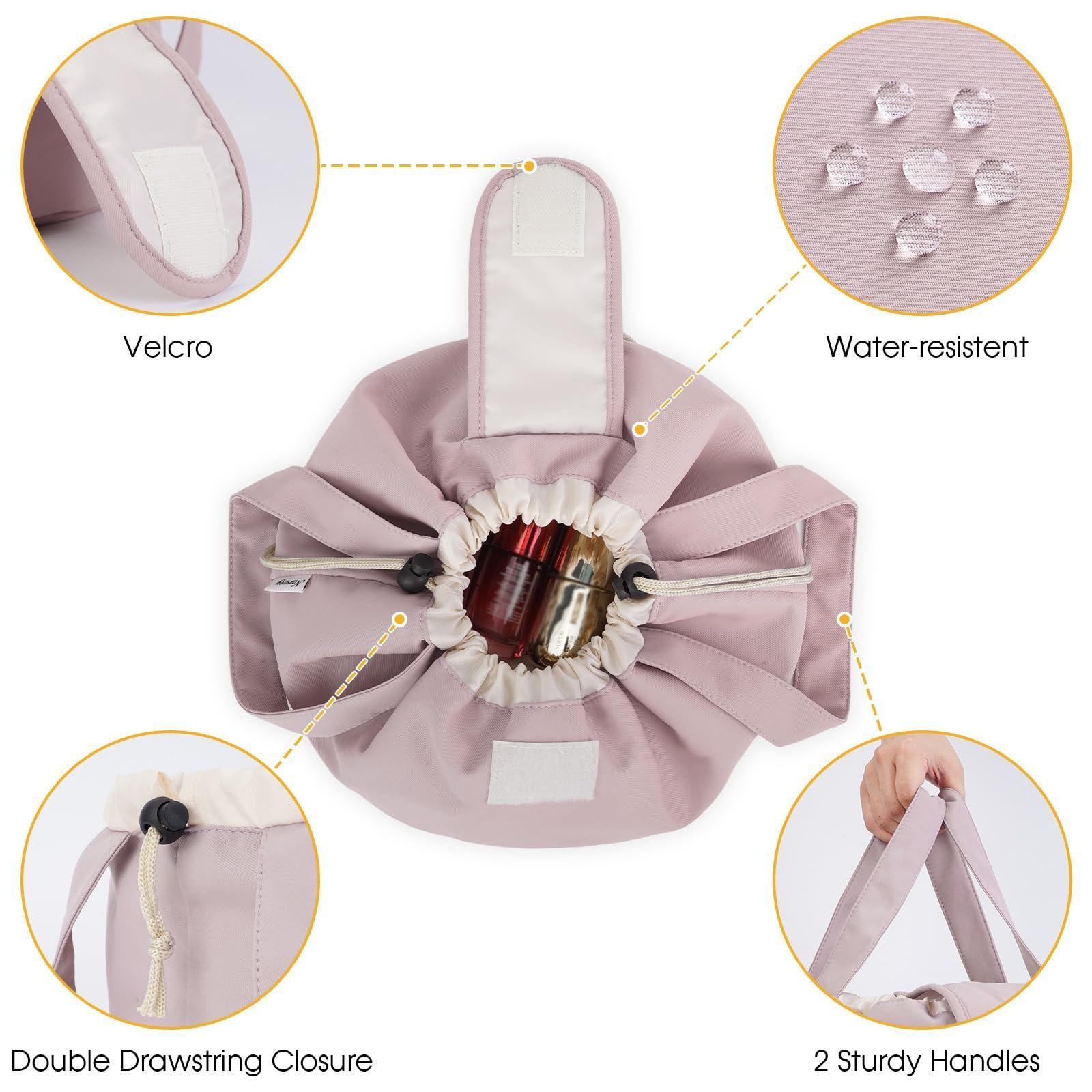 High-Capacity Barrel-Style Cosmetic Bag with Double Drawstring Closure – Water-Resistant, Padded Lining, Inner Zipper & Mesh Pocket – Ideal for Travel & Daily Use (Pink)