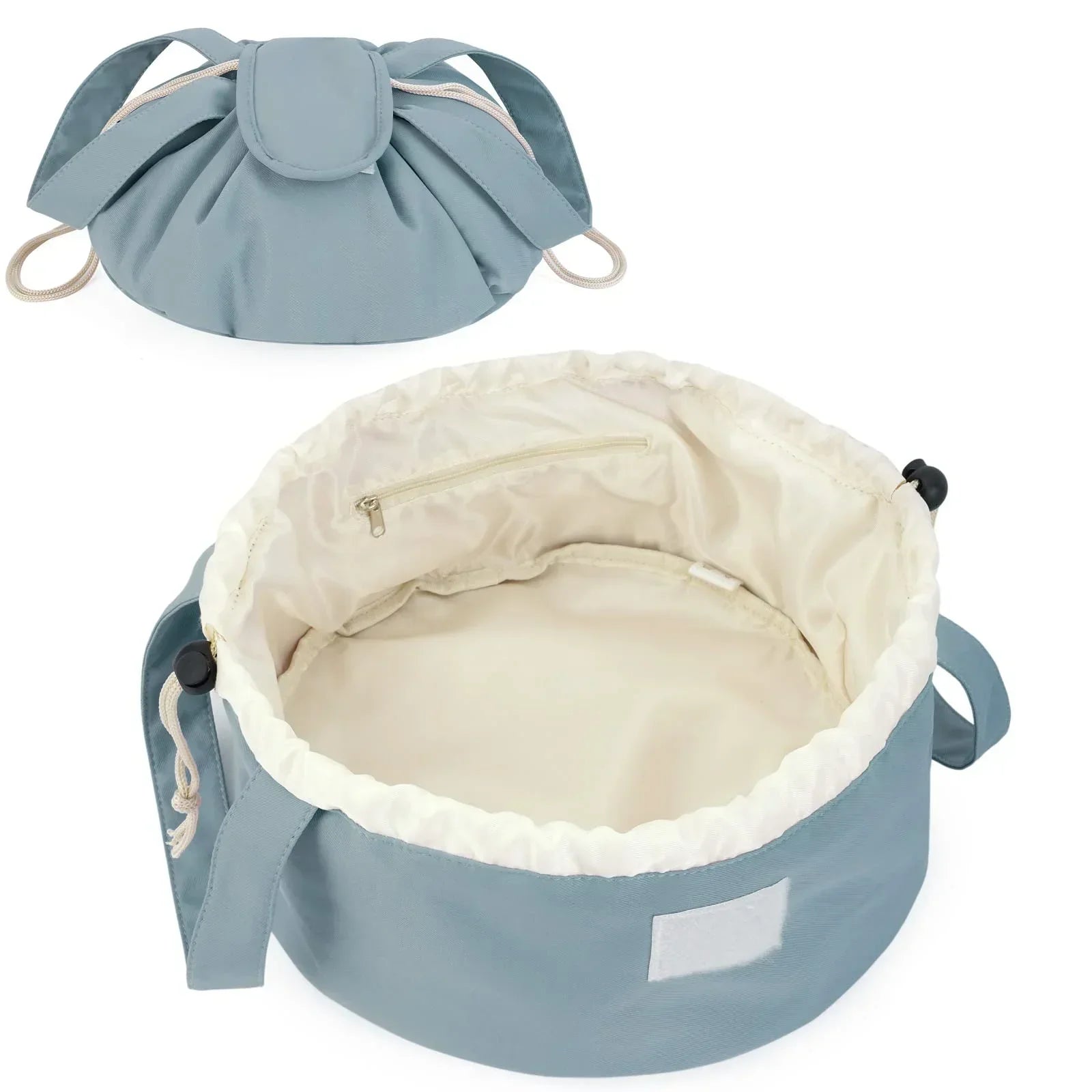 High-Capacity Barrel-Style Cosmetic Bag with Double Drawstring Closure – Water-Resistant, Padded Lining, Inner Zipper & Mesh Pocket – Ideal for Travel & Daily Use (Blue)