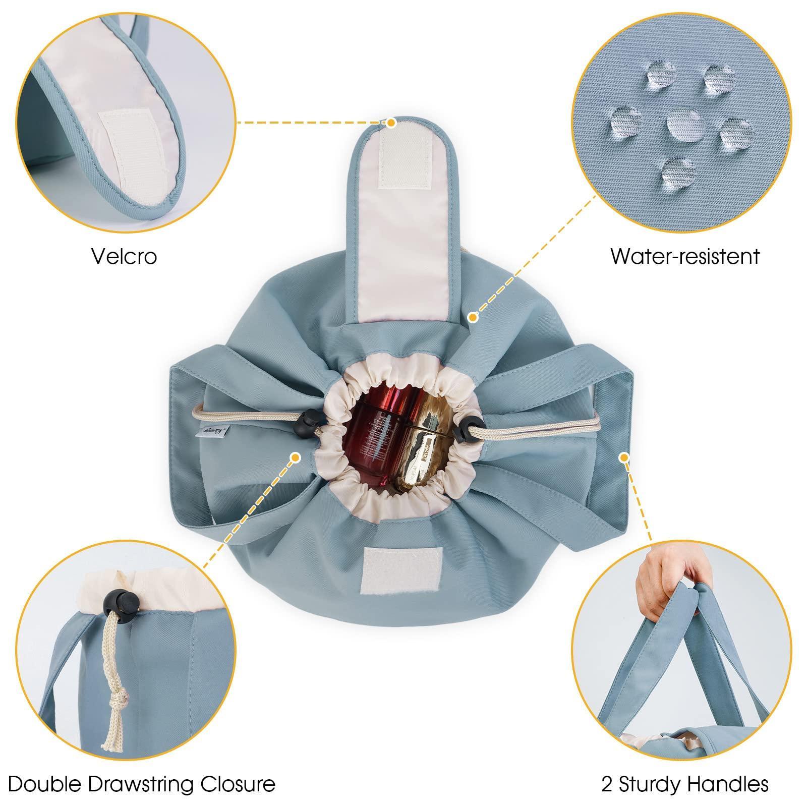 High-Capacity Barrel-Style Cosmetic Bag with Double Drawstring Closure – Water-Resistant, Padded Lining, Inner Zipper & Mesh Pocket – Ideal for Travel & Daily Use (Blue)