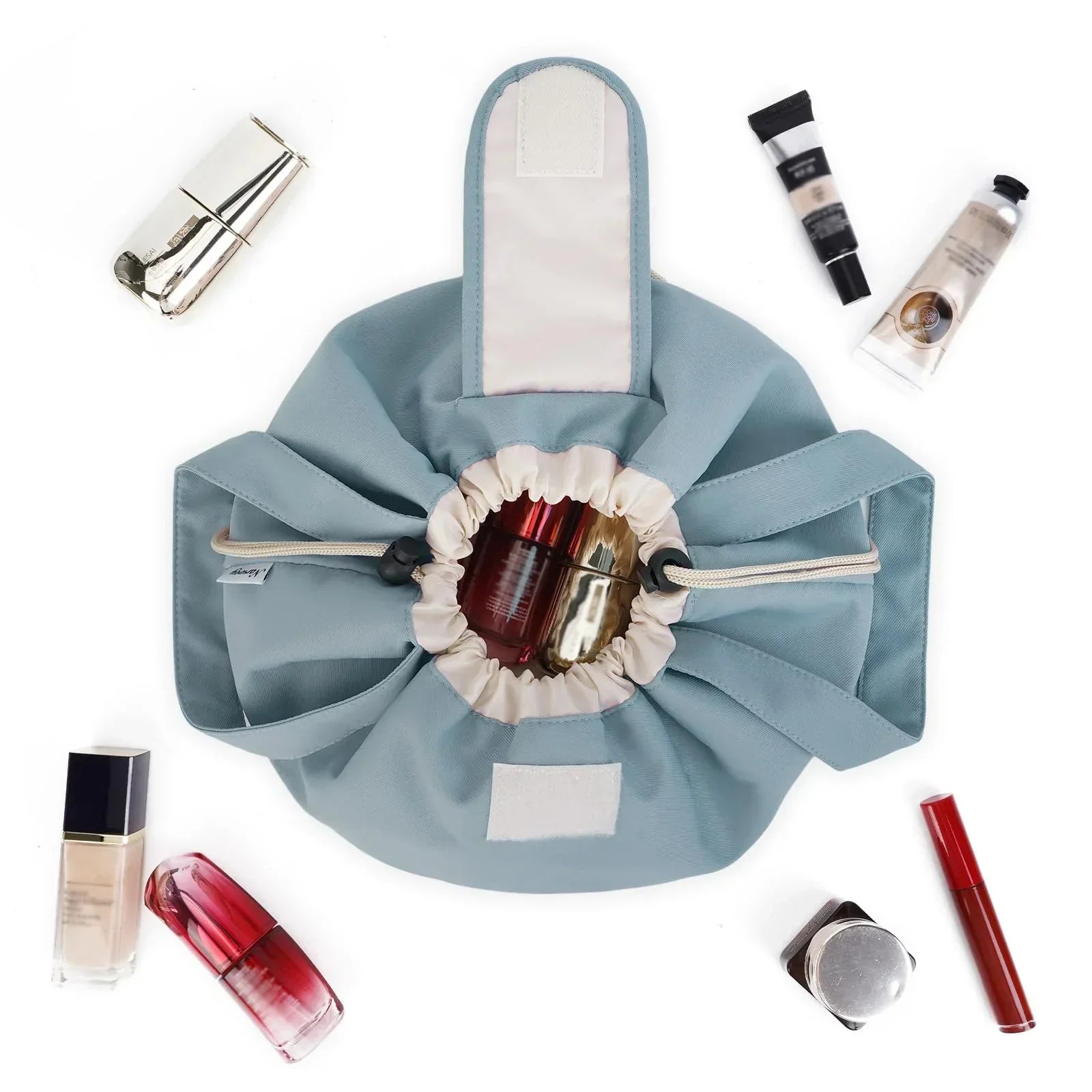 High-Capacity Barrel-Style Cosmetic Bag with Double Drawstring Closure – Water-Resistant, Padded Lining, Inner Zipper & Mesh Pocket – Ideal for Travel & Daily Use (Blue)