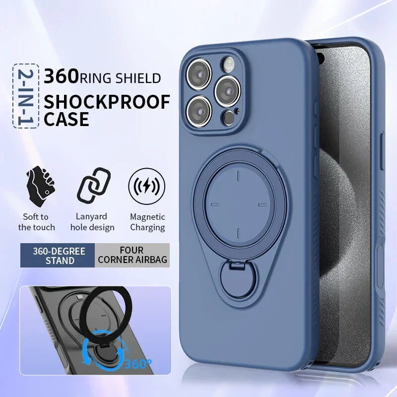 Magnetic Shockproof Case with 360-Degree Rotating Ring Stand for iPhone 16 Pro Max – Slim Protective Phone Cover with Airbag Corners and Wireless Charging Support for Home, Office, Travel and Daily Use (Orange)