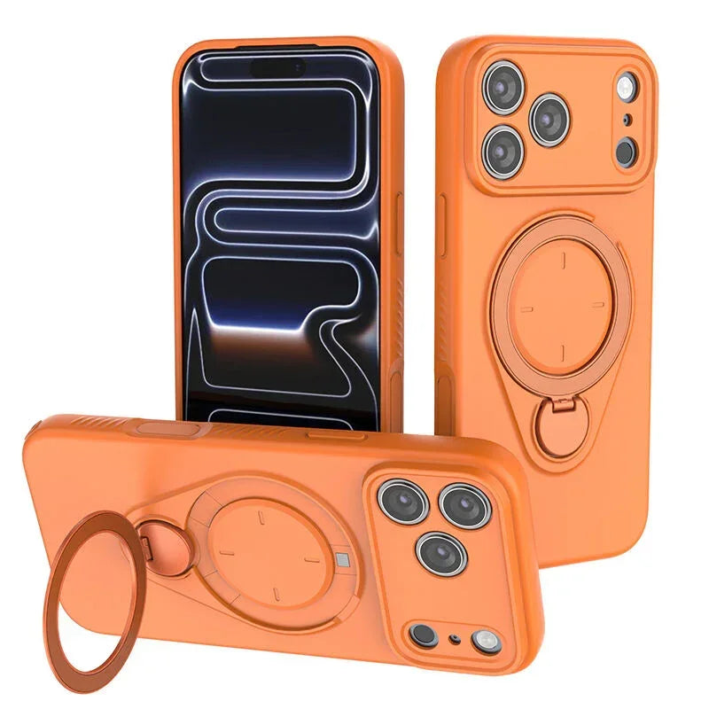 Magnetic Shockproof Case with 360-Degree Rotating Ring Stand for iPhone 17 Pro Max – Slim Protective Phone Cover with Airbag Corners and Wireless Charging Support for Home, Office, Travel and Daily Use (Orange)